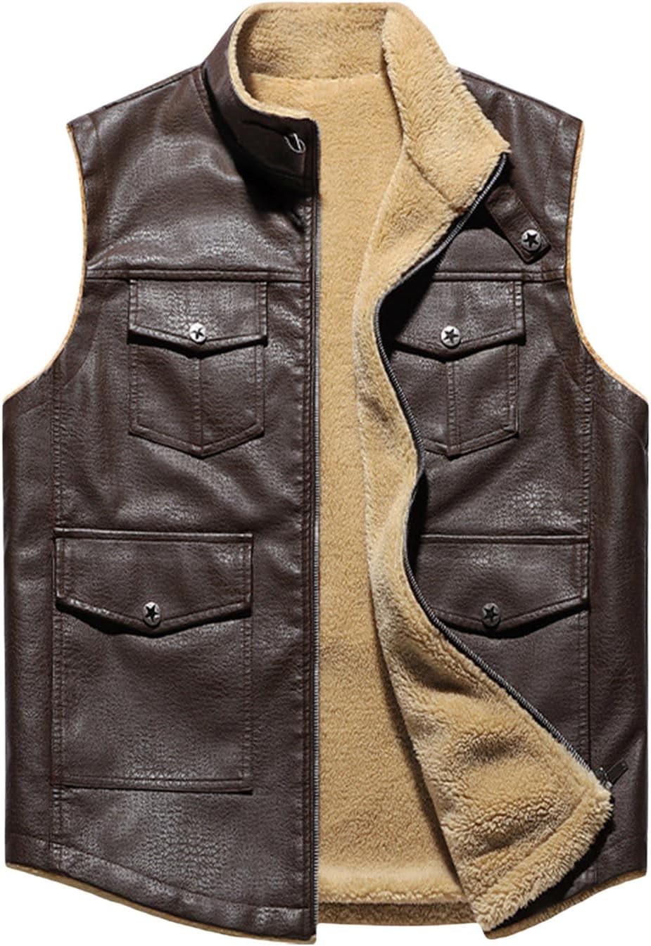 Cambkatl Vintage Distressed Leather Vest for Men Warm Fleece Lined Motorcycle Jackets Sleeveless Causal Stylish Winter Coats