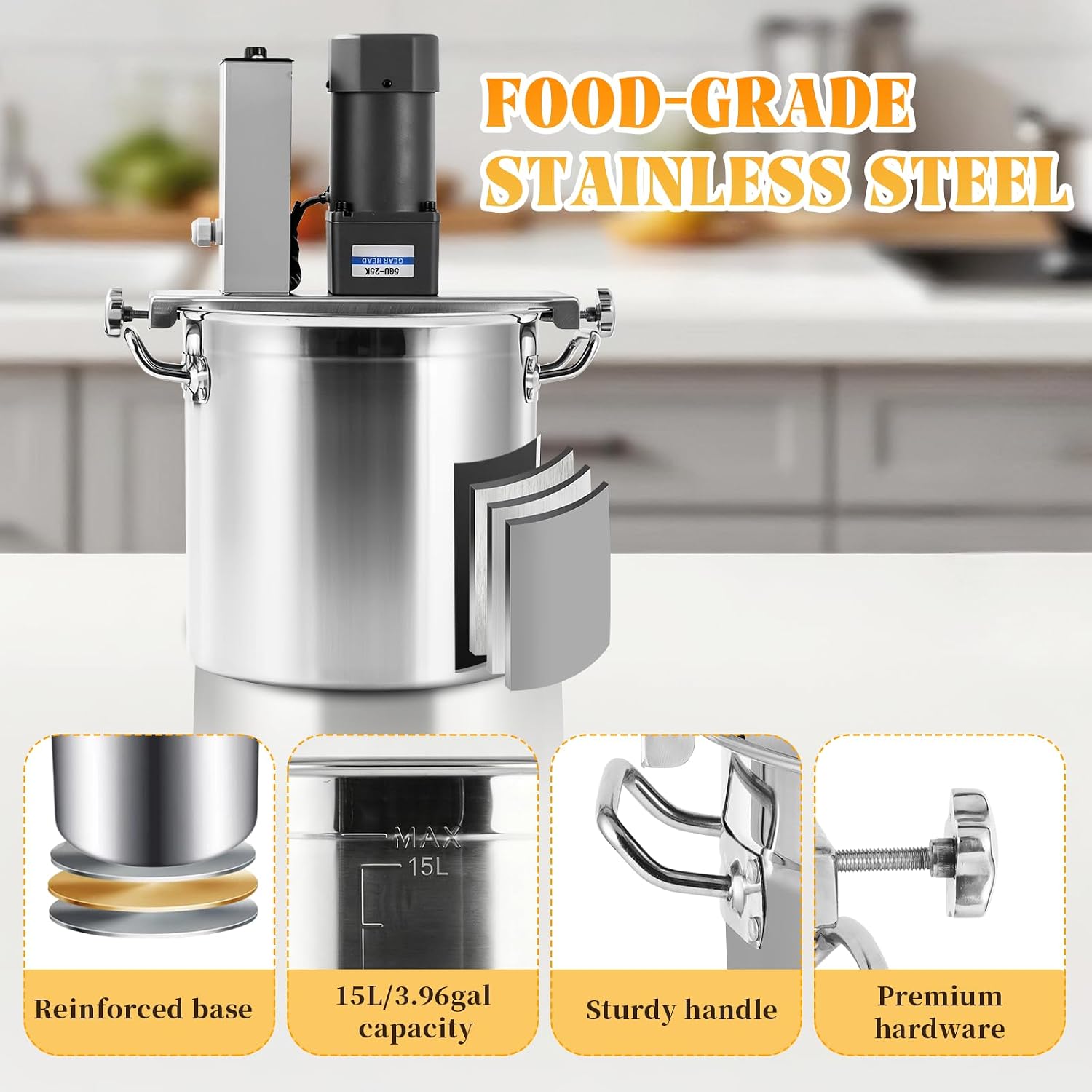 Automatic Food Mixer 15L/3.96 Gal Sauce Stirrer Frying Machine Electric Mixer Machine Commercial Pot Seasoning Bottom Soup Sauce Stirrer for Making Jam, Sauce（110V,120W)