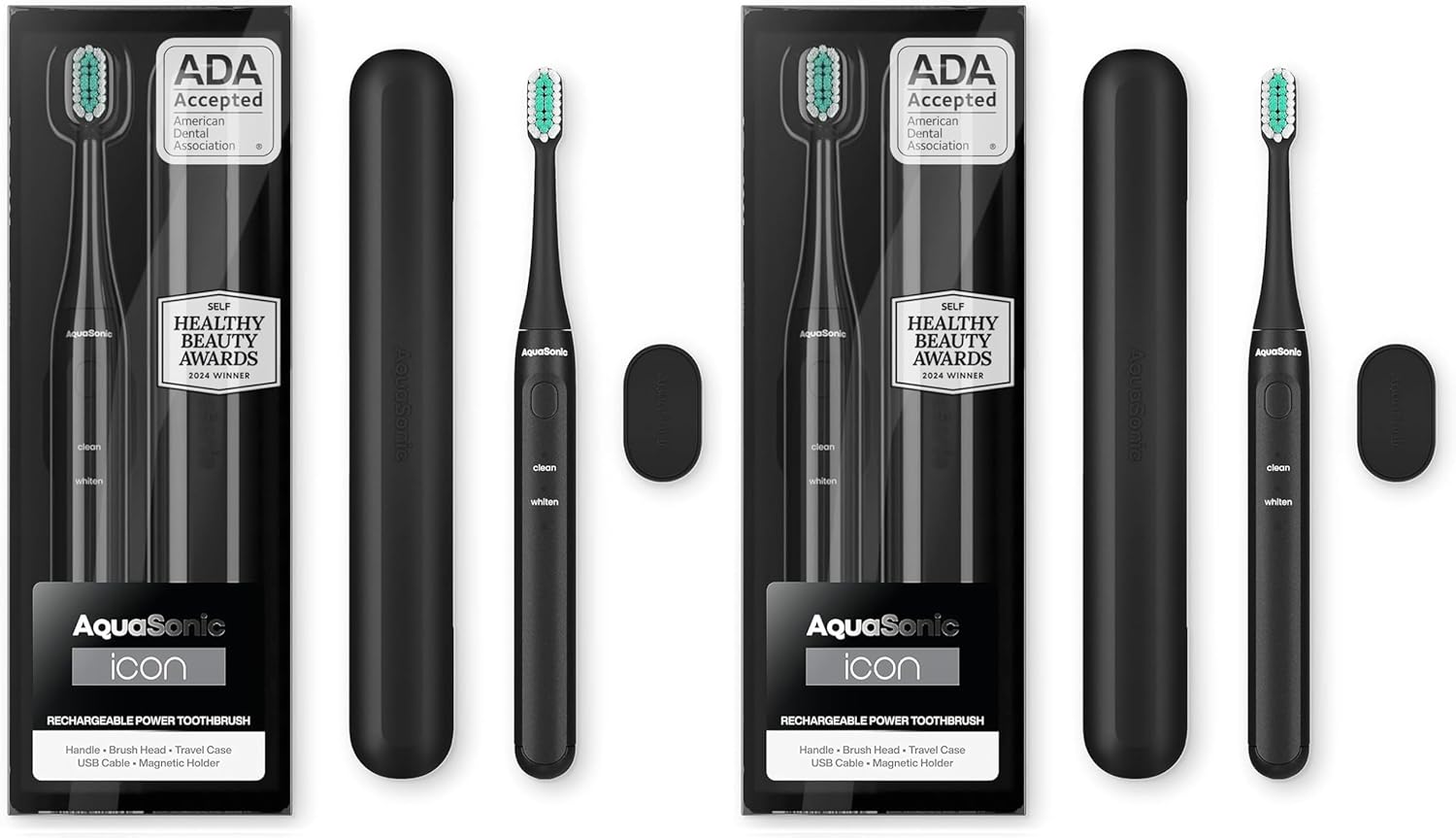 Aquasonic Icon ADA-Accepted Rechargeable Toothbrush | Magnetic Holder & Slim Travel Case | 2 Brushing Modes & Smart Timers | Gentle Micro-Vibrations(Onyx) (Pack of 2)
