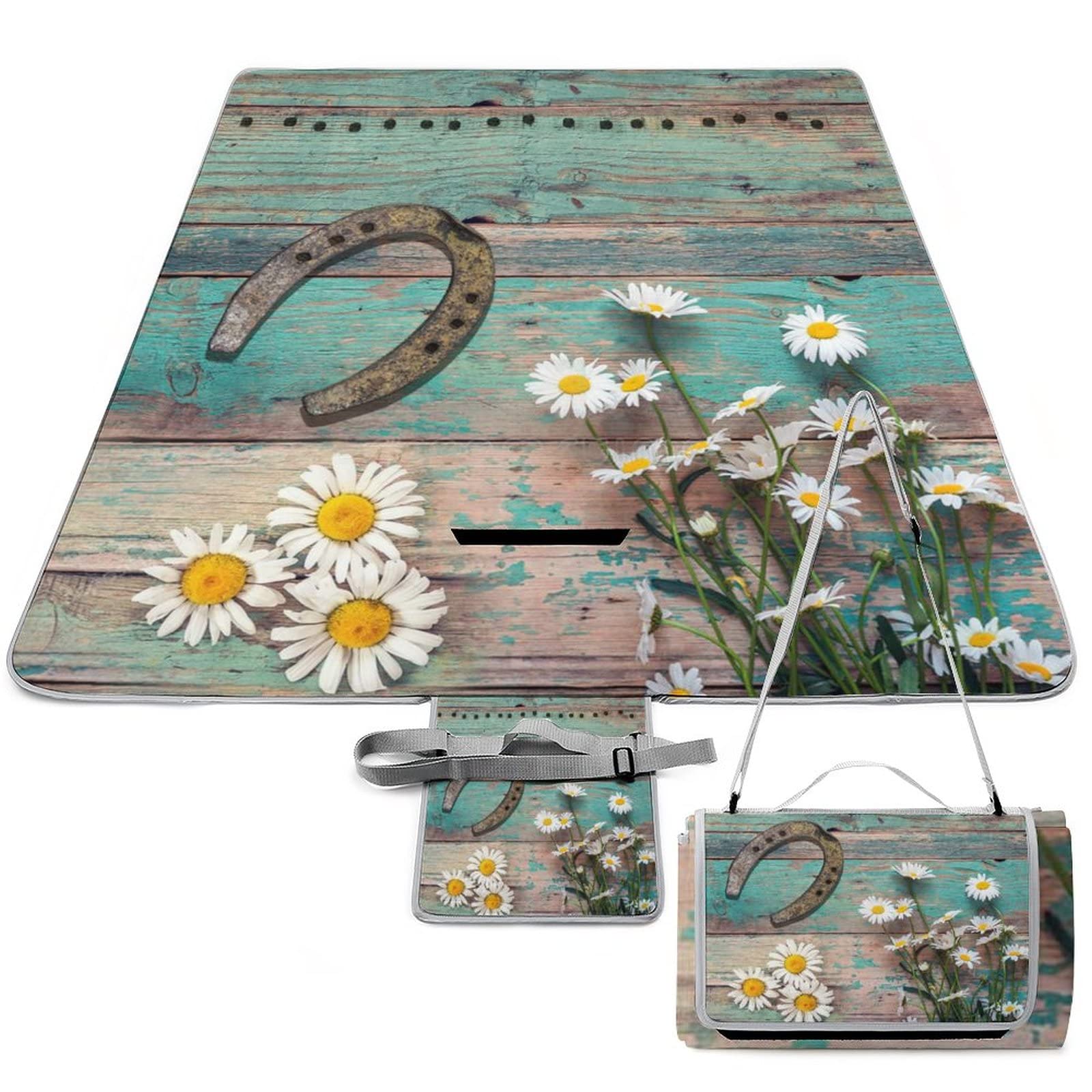 Kazynee Rustic Western Outdoor Picnic Blanket Cowboy Spring Floral Daisy Teal Wooden Horseshoe for Portable Outdoor Blanket for Travel Camping 58.3x58.3 Inch