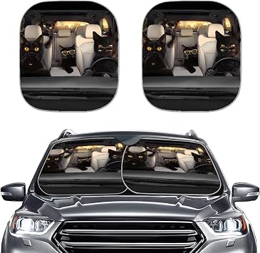 Black Cat Family Car Windshield Sun Shade Pack of 2 Foldable Front Window Sunshade Sun Visor Protector-Keep Your Vehicles Cooling Funny Animal Driver Auto Accessories Universal Sunshades