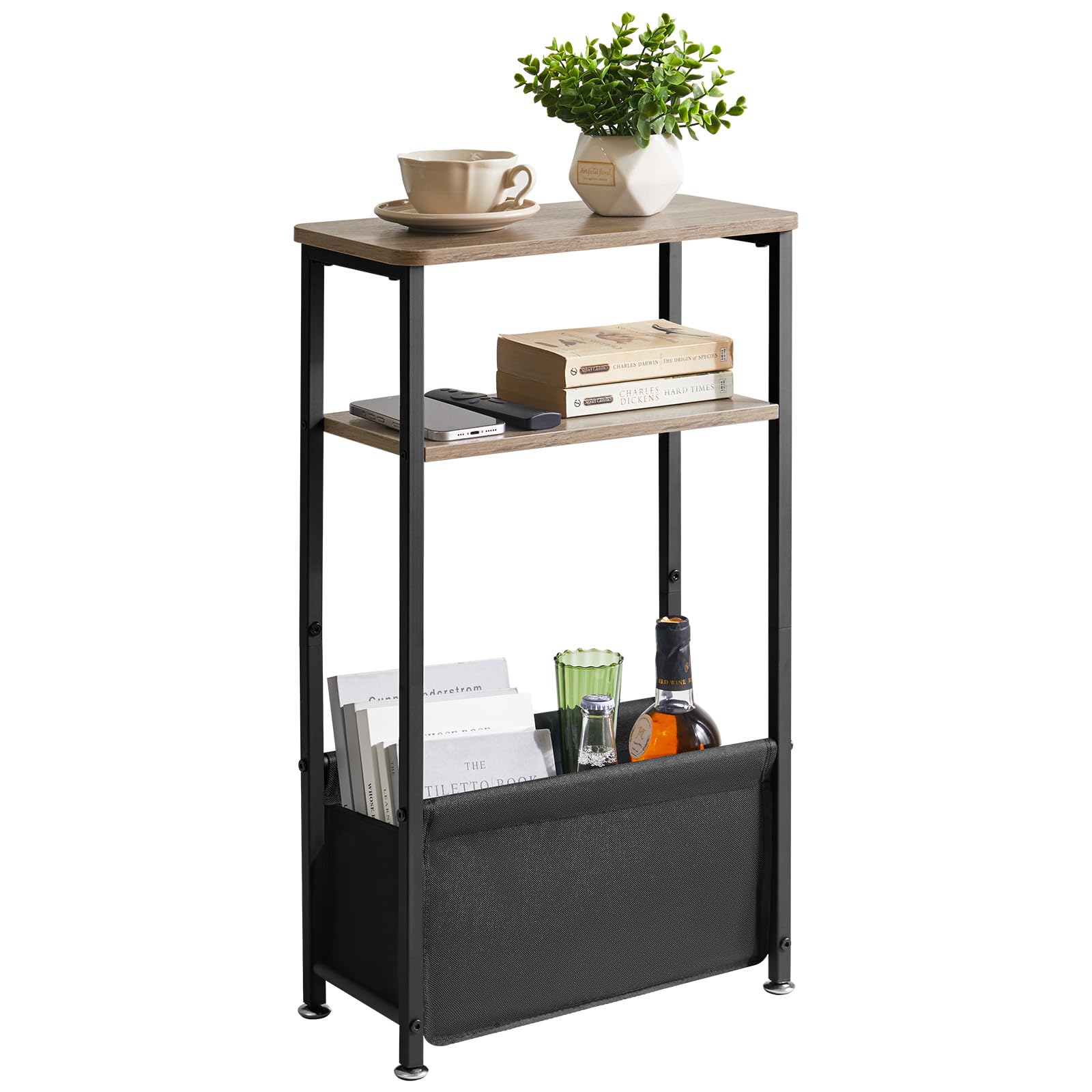 Aibiju Narrow Side Table, Slim Small Table 40x20x66cm, 3 Tier End Table with Storage Fabric Basket, Small Nightstand for Bedroom, Living Room, Light Grey YD-ST002Y