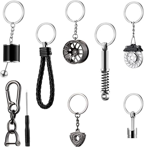 Vista 8 de Frienda 8 piezas automotrices modelo llavero conjunto de aro giratorio cadena JDM llavero Turbo con sonido