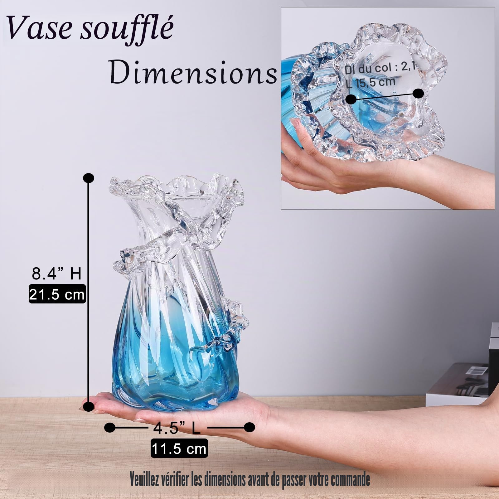 Vase en verre soufflé bleu, unique pièce artistique en verre ondulée océan pour décoration de maison côtière, table basse, table de console de salon, manteau de cheminée (Petit)