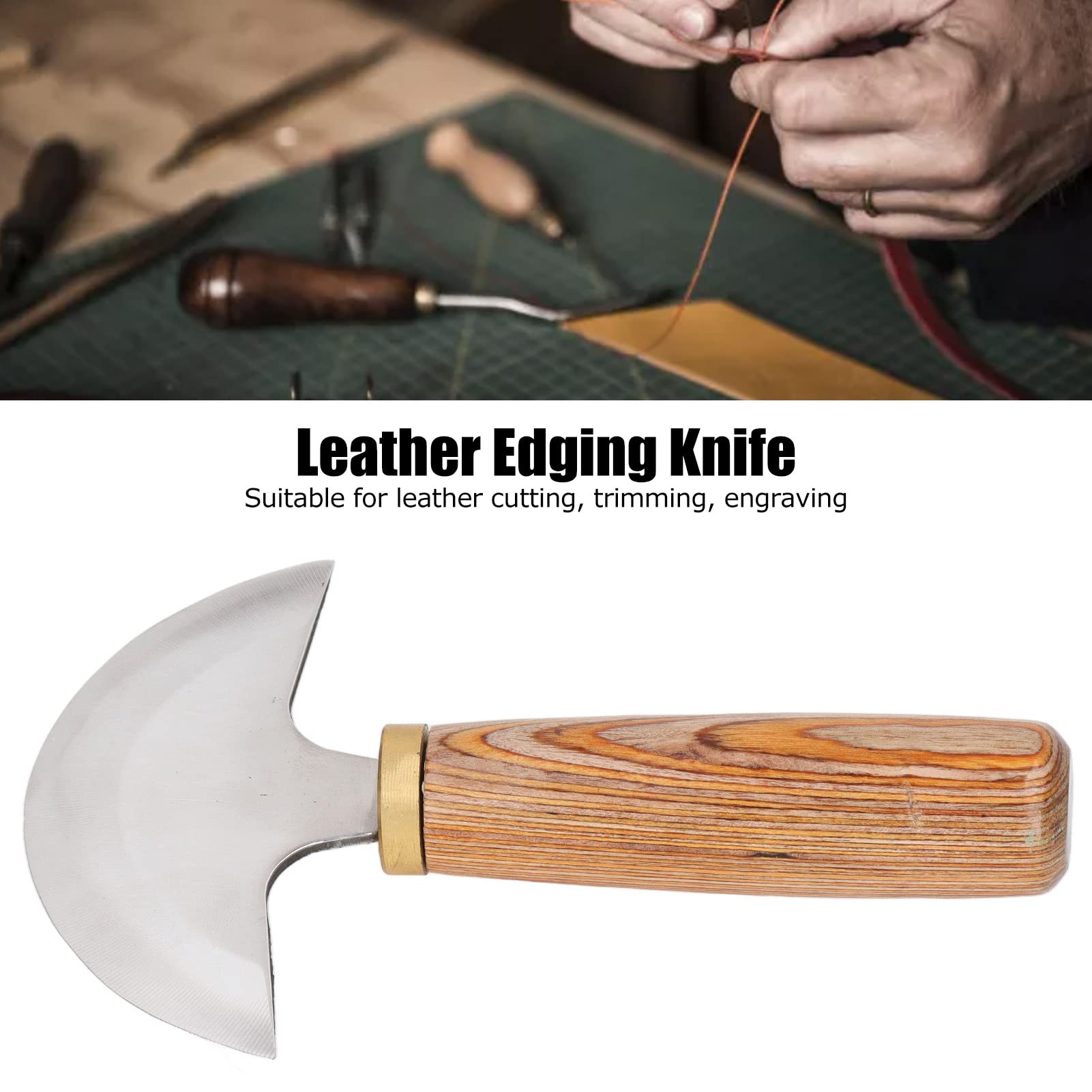 Cuchillo de corte de cuero pulido fino fácil de controlar, cuchillo de cuero semicircular, cortador de cuero con mango de madera, cuchillo de trabajo de cuero para corte de cuero