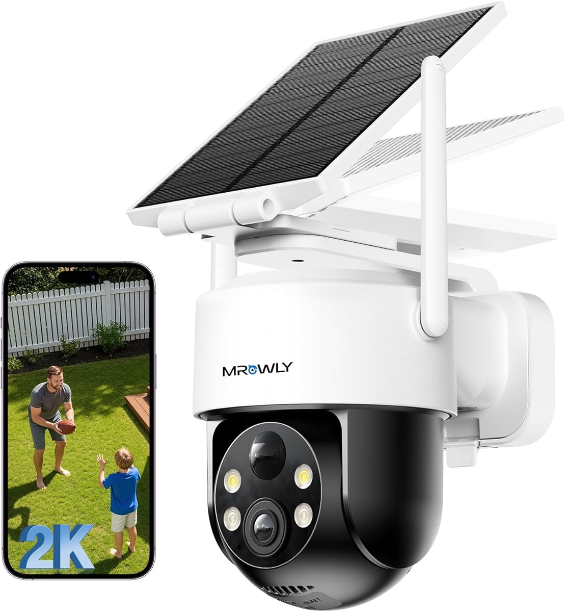 2K Überwachungskamera Aussen Solar, 360° PTZ Kamera Überwachung Aussen Akku, 2,4GHz WLAN Kamera mit PIR Bewegungsmelder, Farbnachtsicht, 2-Wege-Audio, IP66, Cloud/SD Speicher