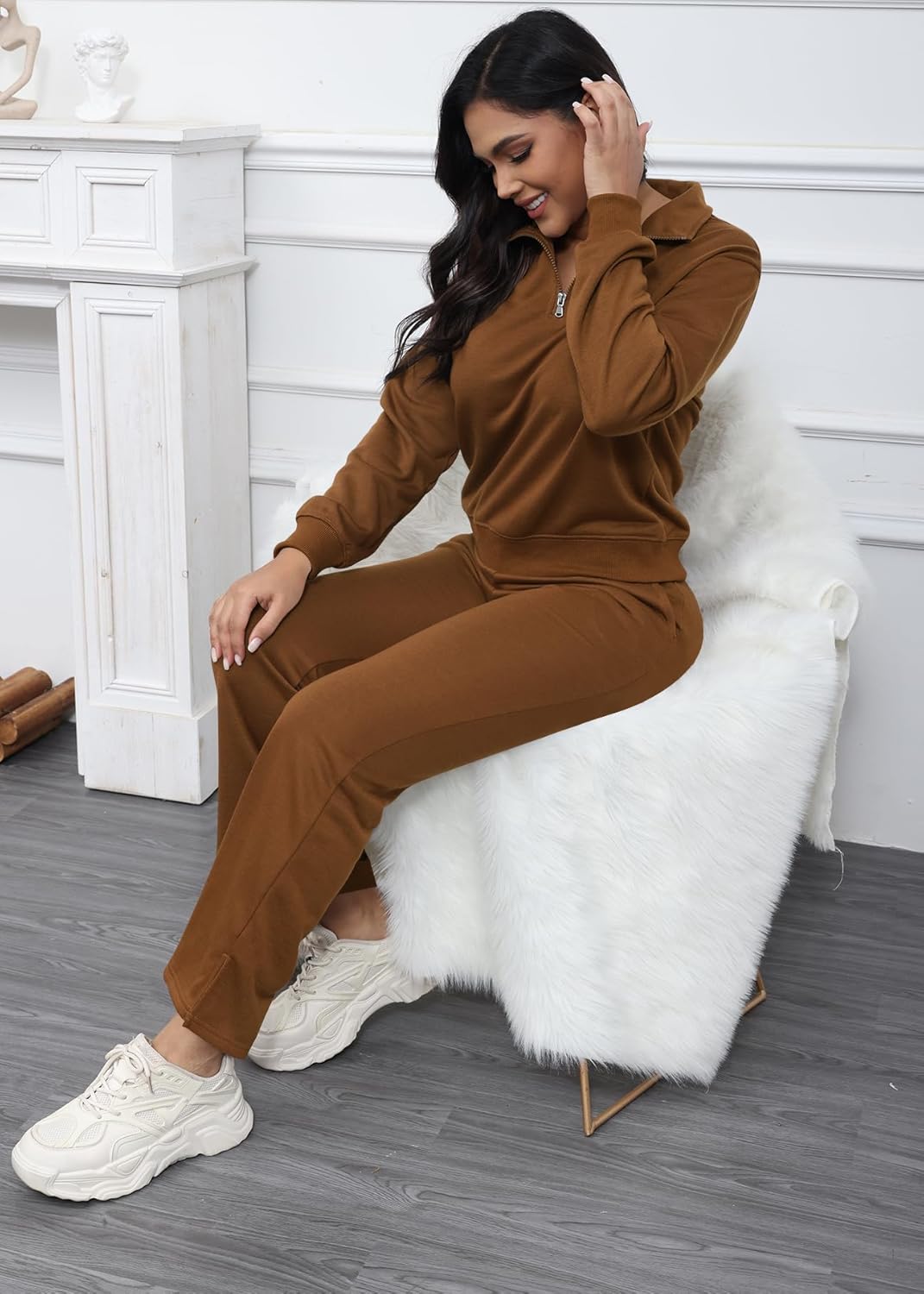 MOEENCN Women 2 Piece Outfits Sweatsuit Oversized Half Zip Sweatshirt Wide Leg Sweatpant Casual Lounge Matching Set Tracksuit - Image 7