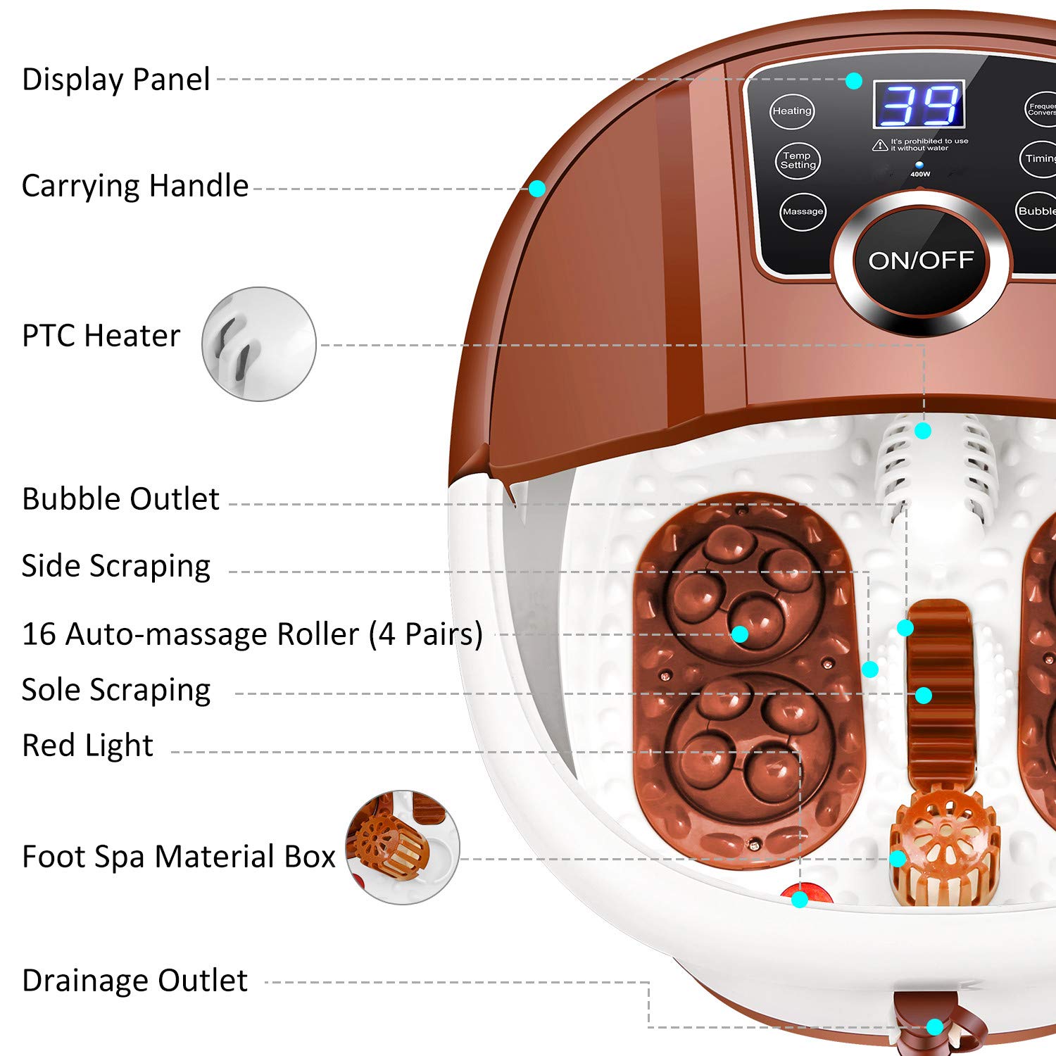 Foot Spa Bath with Heat and Massage and Bubbles, Foot Bath Massager w/16 Motorized Shiatsu Rollers,Digital Temperature Control,Red Light,Pedicure Foot Soaker w/Warm Water Soothe Tired Feet Home Use : Beauty & Personal Care