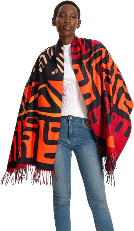 Soft Cashmere Feel Scarf for Women,African Tribal Style Double Sided Prints Warm Tassel Shawl Scarf Winter Large Wrap