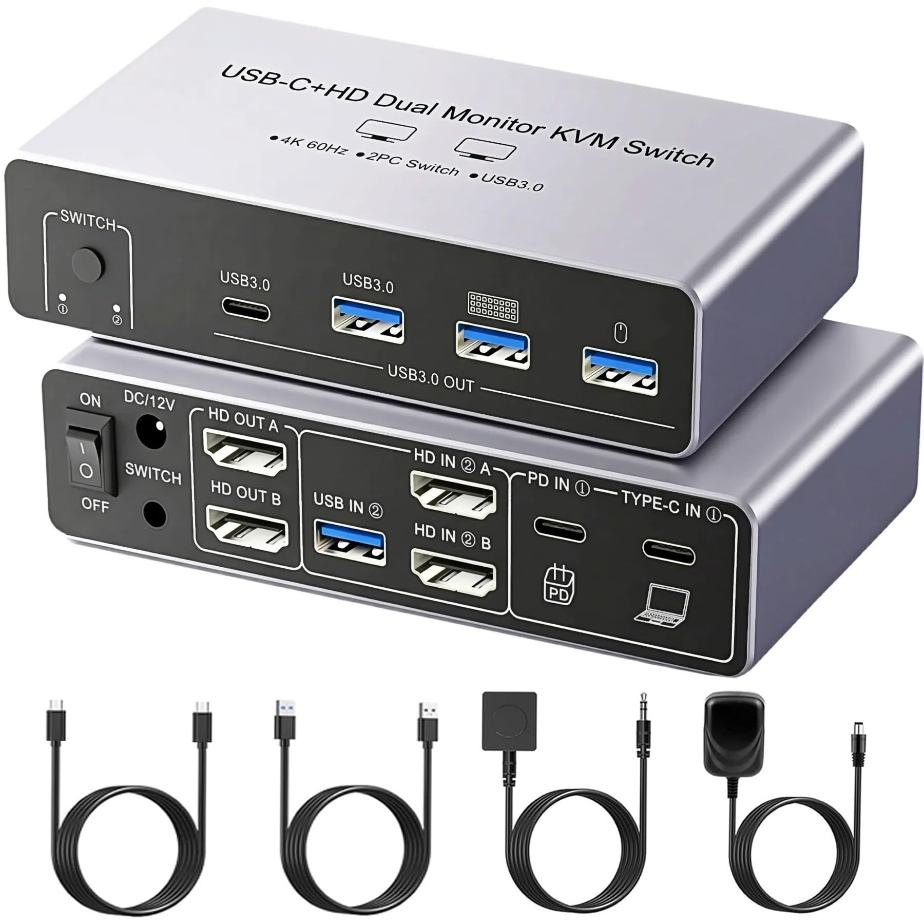 USB C+HDMI KVM Switch 2 Monitors 2 Computers, 8K Aluminum KV