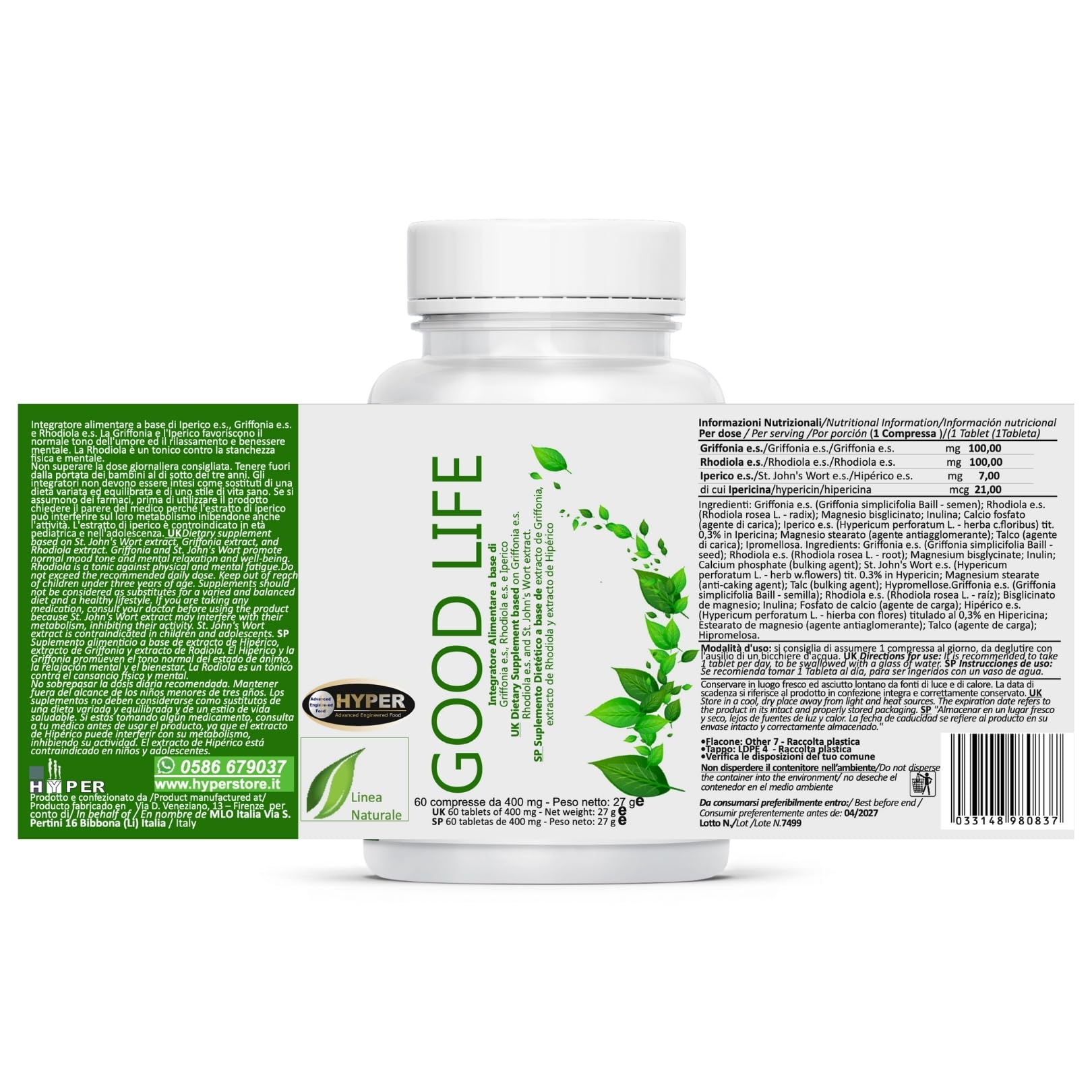 Hyper Good Life 60 Cpr - Integratore Alimentare Con Iperico Erba di San Giovanni, Griffonia e Rodiola Rosea - Riduce lo Stress e Favorisce un Naturale Stato di Serenità e Benessere