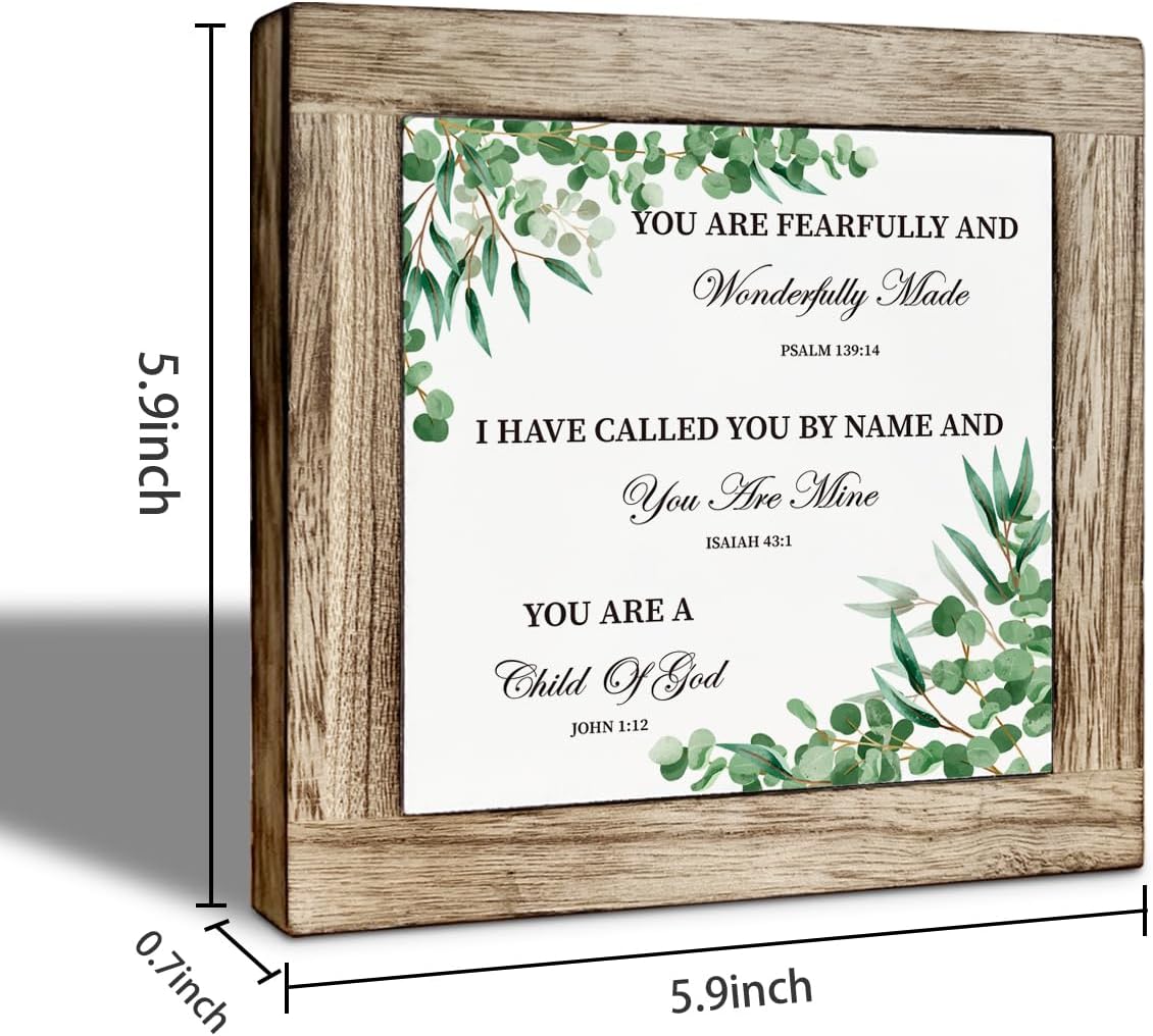 Christian Motivational Wooden Box Sign, Fearfully and Wonderfully, Baby Shower Christian Baptism Gifts, Made Inspirational Decor for Bedroom Home Office 5.9x5.9 Inches image 2