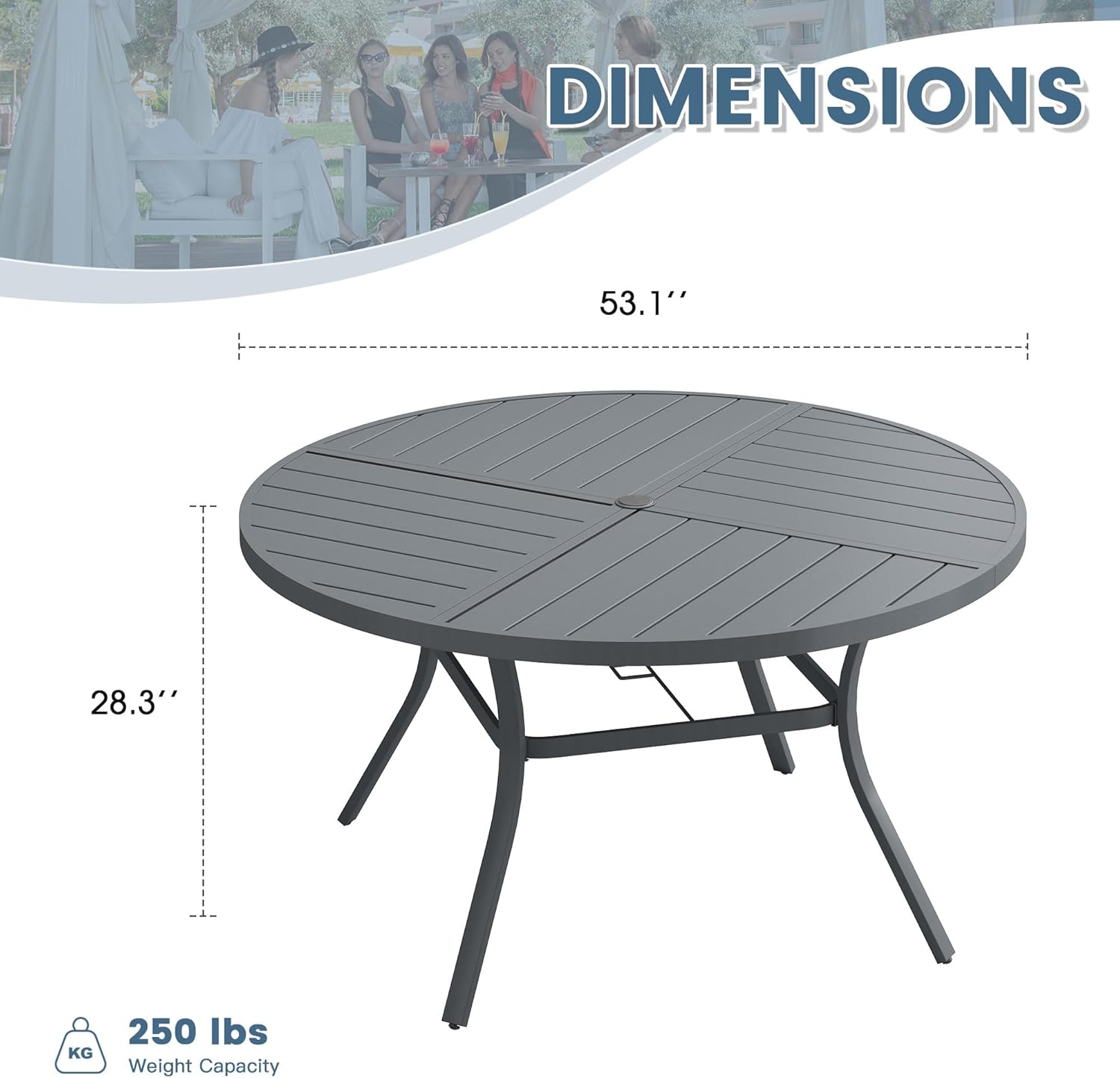 DIFY 53.1" Round Outdoor Patio Dining Table for 6-8, All-Weather Metal Steel Slatted Patio Table with 1.57" Adjustable Umbrella Hole, for Lawn Garden Porch Backyard, Grey
