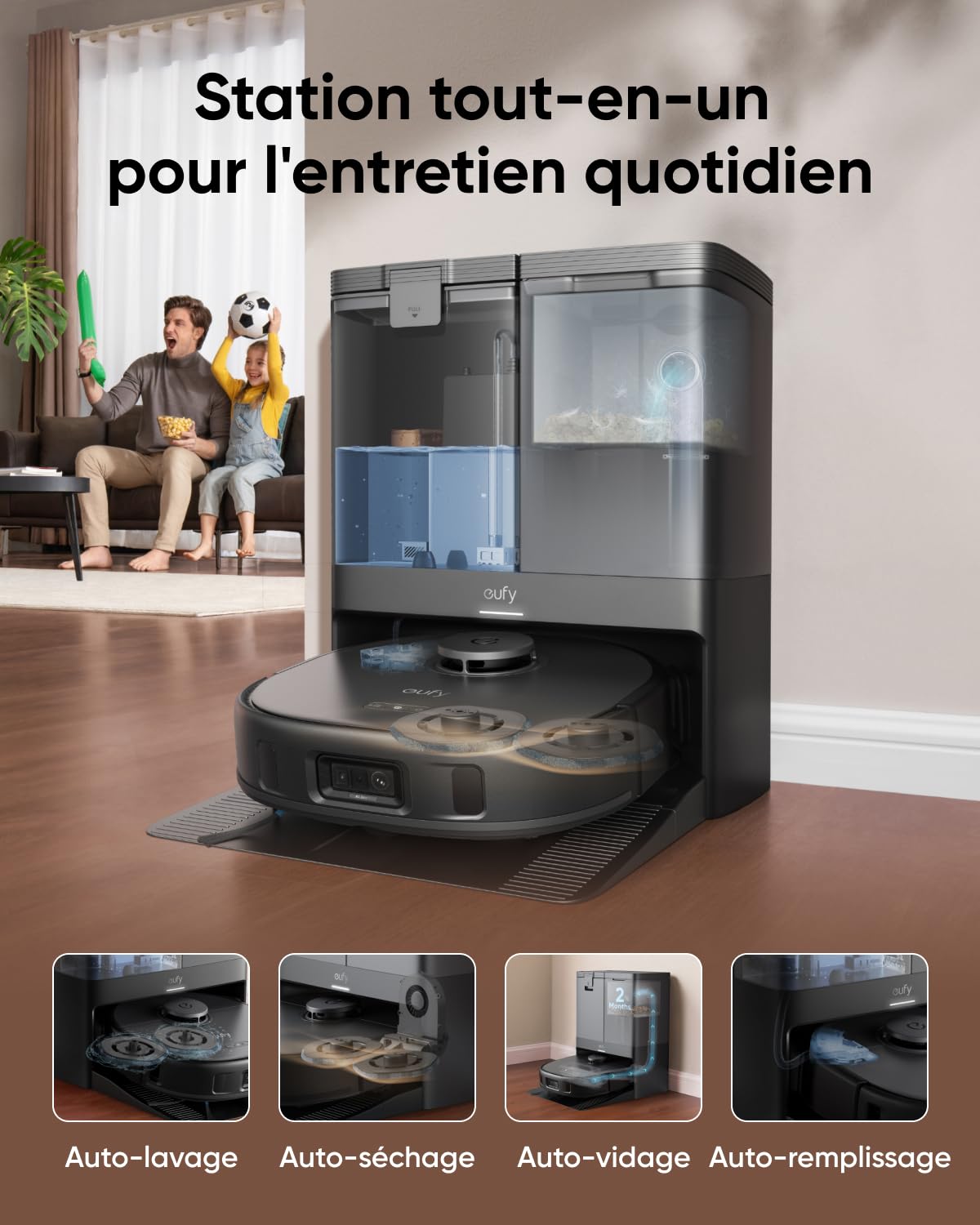 eufy Robot aspirapolvere e mocio Omni X10 Pro, aspirazione 8.000 Pa, auto-svuotamento e imbottitura, 2 mop di sollevamento auto, prevenzione degli ostacoli (ricondizionato)