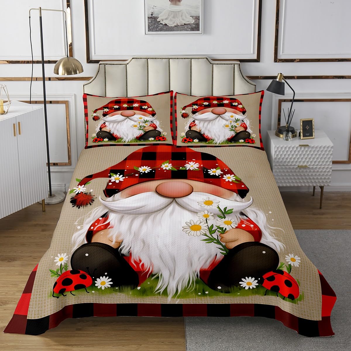 Erosebridal Gnome Lady Bug Quilt Set for Kids Boys Girls,Cute Gnome Print Bedspread Set Red and Black Buffalo Plaid Decor Coverlet Set Twin,Spring Natural Flowers Quilted Coverlet for Bedroom Decor