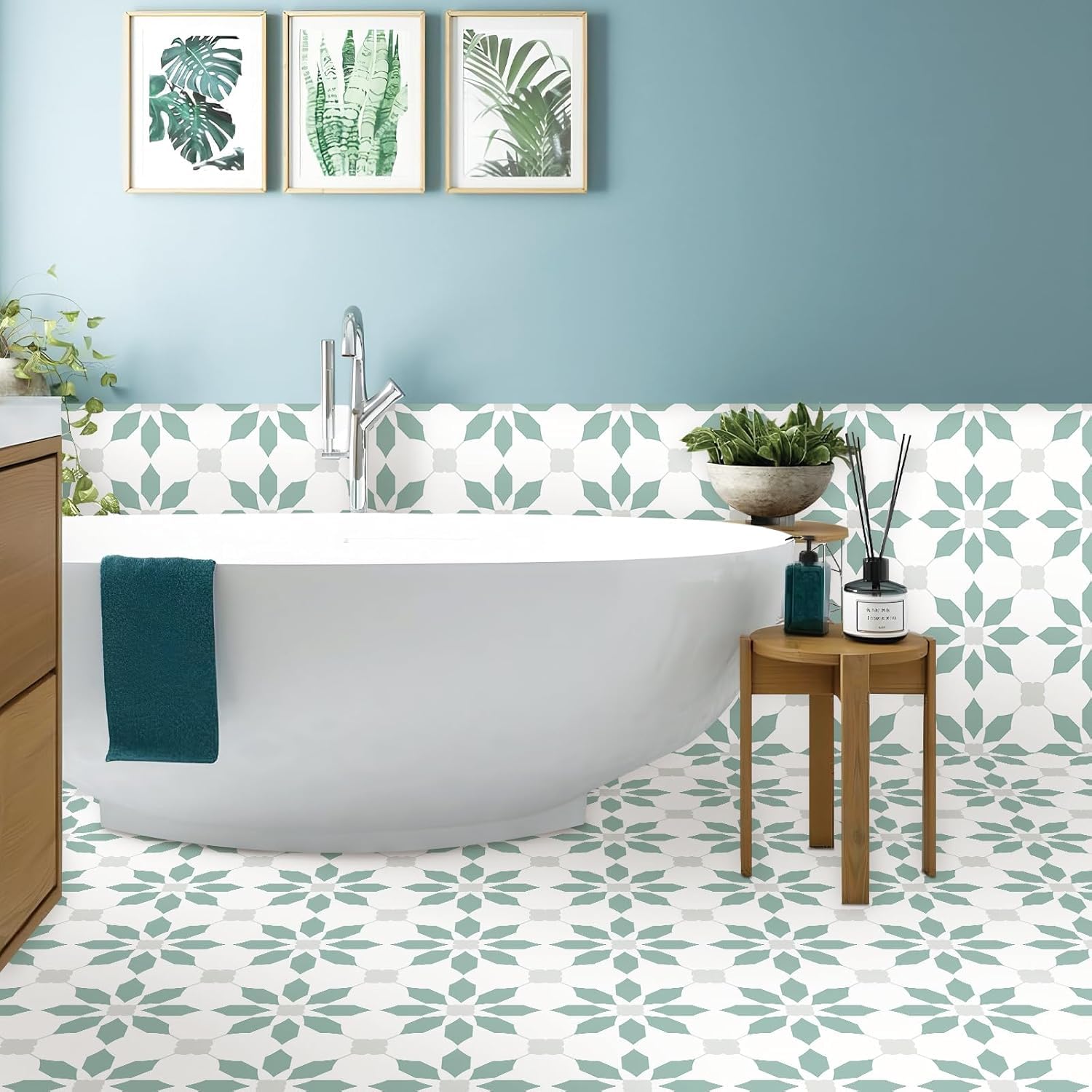 MORCART 20 piastrelle autoadesive per pavimenti, 20 x 20 cm, in vinile, impermeabili, fai da te, per bagno, cucina, camino, casa degli animali domestici, scale, camere da letto, pareti (verde chiaro