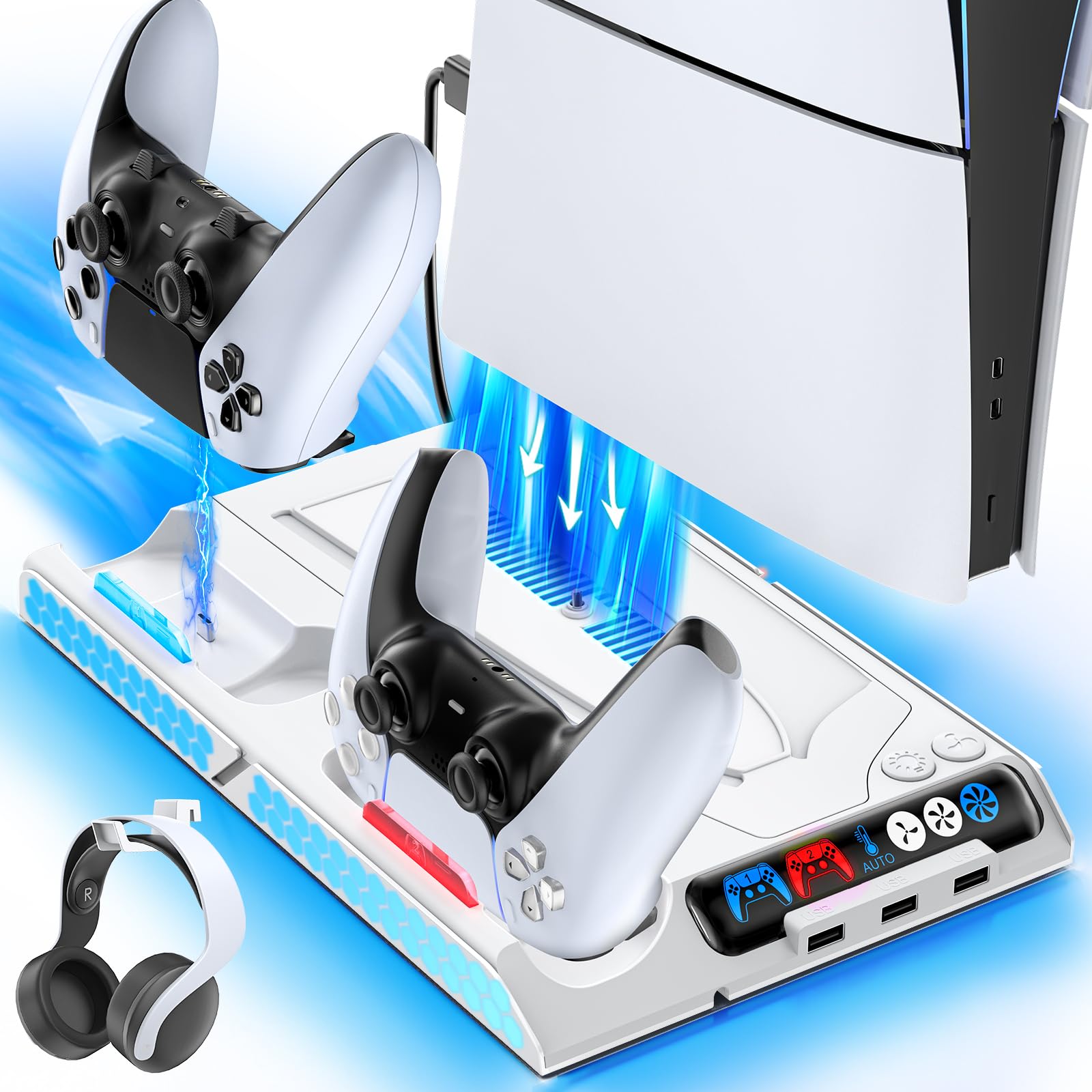 Supporto P5 di Raffreddamento per PS5/PS5 Slim con Regolazione Automatica, Supporto P5 Slim con Ventola di Raffreddamento a 4 Stadi, Accessori PS5 per Controller Originali/Edge