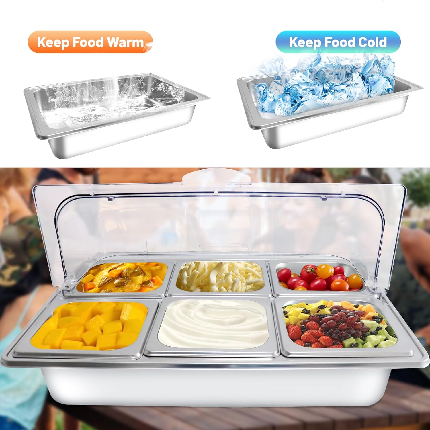 Countertop Ice Food Serving Display Tray with 6 Pan, Portable Salad Bar Buffet Station for Home, Cold Food Buffet Server, Ice Serving Trays for Parties, Pizza Topping Station Cooling Trays for Food