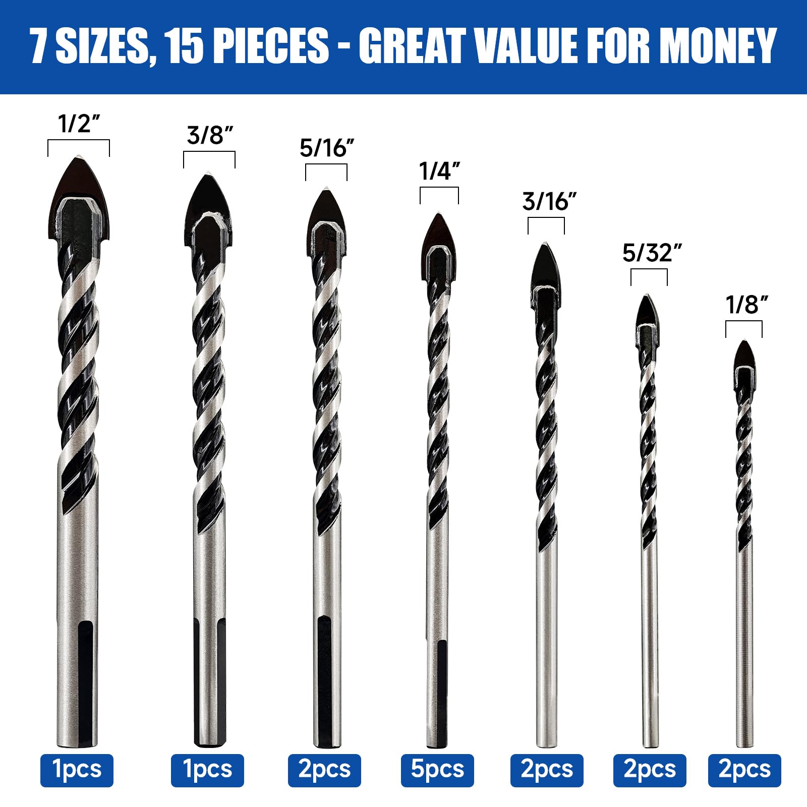Pro Edge Zestaw wierteł do kamienia, 15 szt., od 1/20.3 cm do 1/5.1 cm, wytrzymałość przemysłowa, wiertło z węglika spiekanego, do płytek, szkła, ceramiki, cegły, ściany, drewna, tworzywa sztucznego