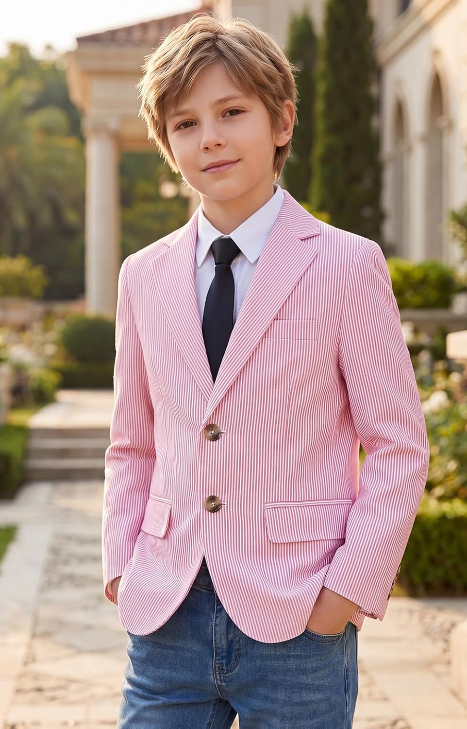 Linen Blazers for Boys Suits Jackets Slim Fit Kids Striped Sports Coats for Boys Lightweight Blazer Casual Pink Size 5