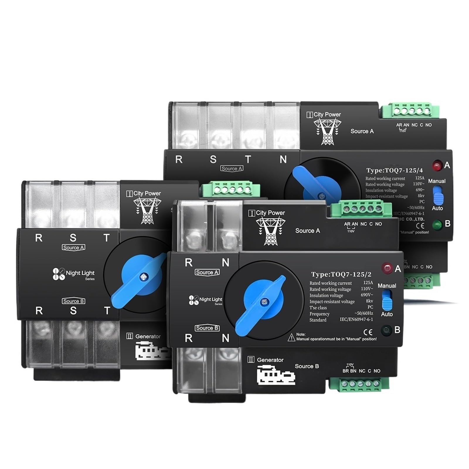 Interruptor selector eléctrico de transferencia automática para evitar apagones en sistemas trifásicos 3