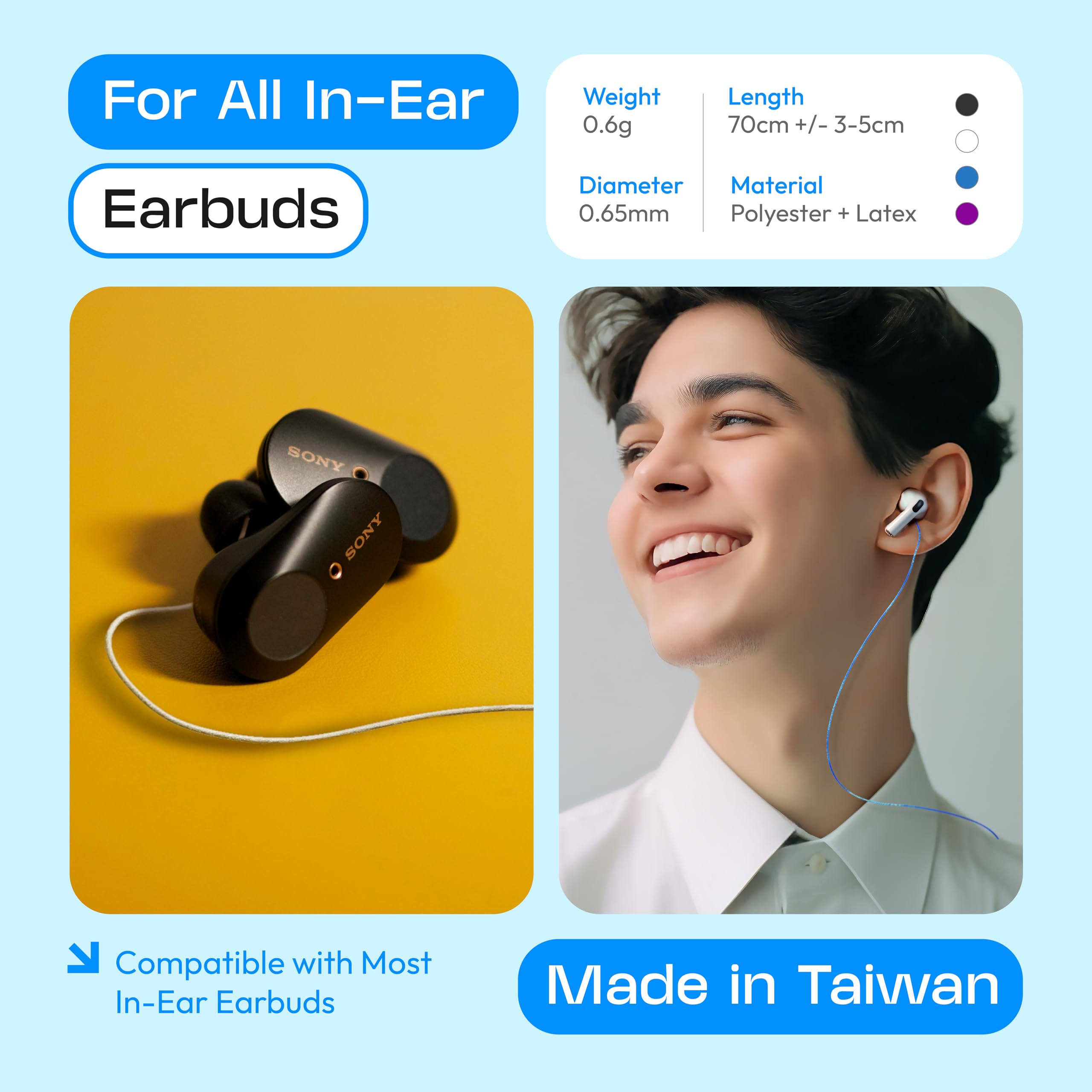 Sangle anti-perte pour écouteurs intra-auriculaires sans fil (Airpods Pro 1/2, Sony, Beats, Samsung, Bose) (Blanc)
