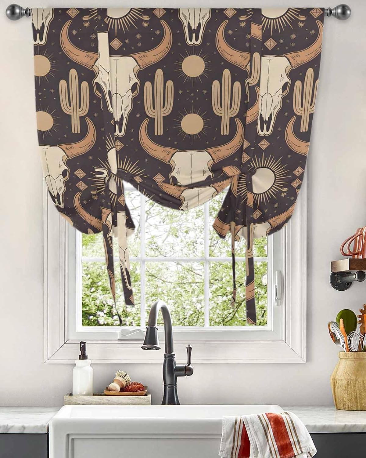 Tie Up Curtains for Windows, Cow Head Cactus Kitchen Curtain Adjustable Balloon Window Shades, Farmhouse Vintage Western Cowboy Valance Curtains for Living Room/Bedroom/Cafe 46"x63"