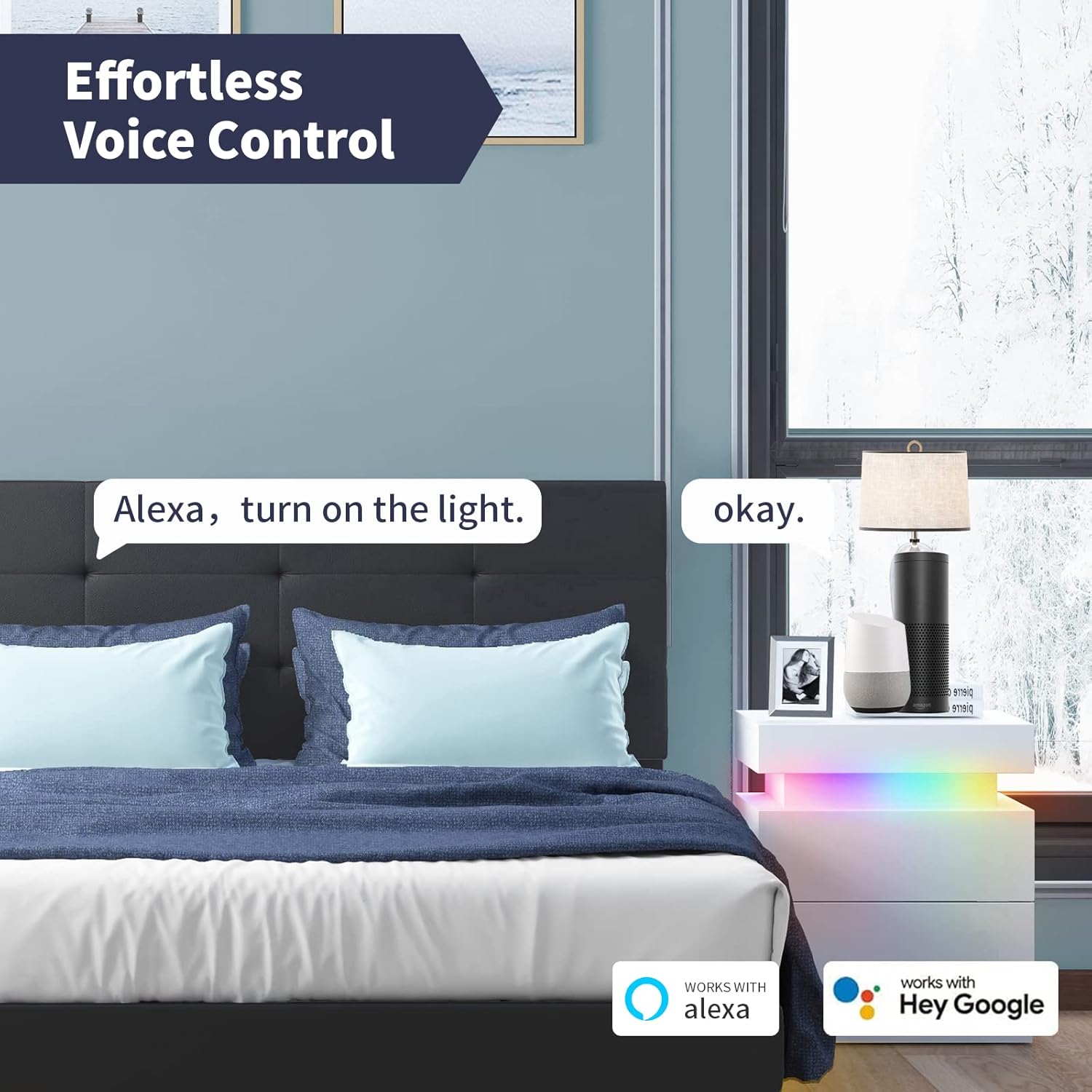 King Platform LED Bed Frame,Upholstered King Bed Frame and Adjustable Headboard,King Bed with RGB LED Strip Light,Wooden Slats Support,No Box Spring Needed,Easy Assembly,Black