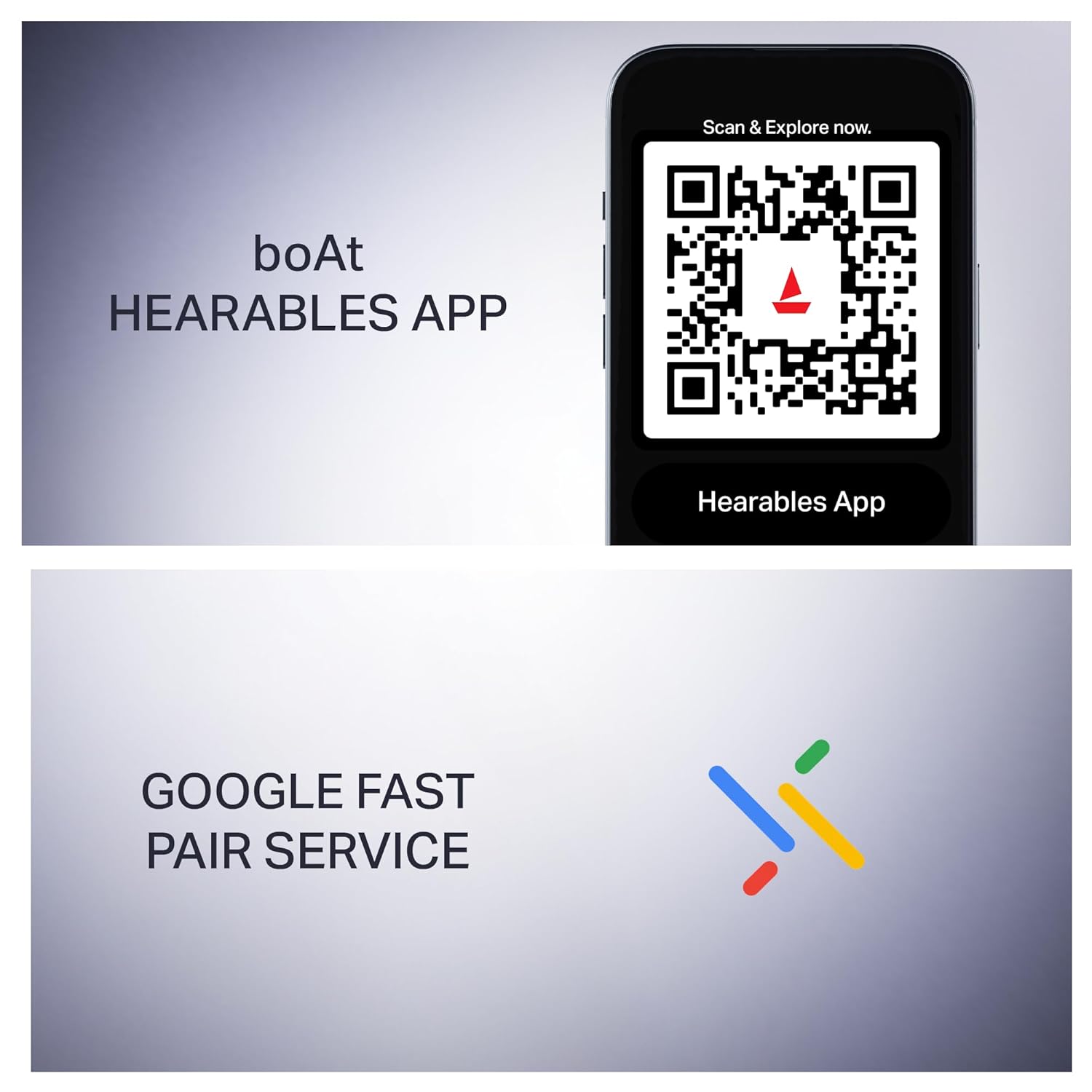 boAt Hearables App QR code and Google Fast Pair logo