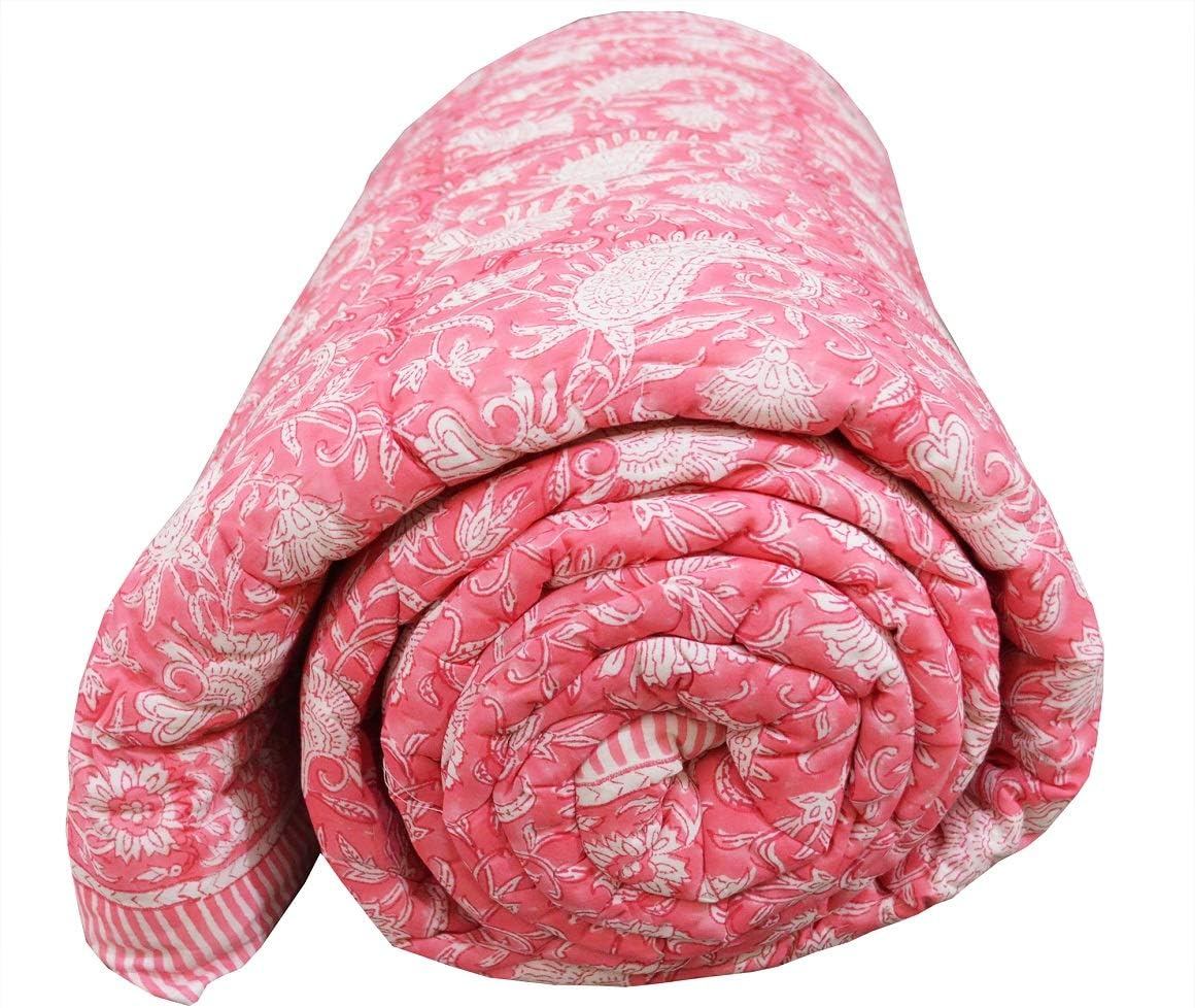 Ethnicfashville Indian Hand Block Paisley Print Handmade Light Weight In Side Doctor Cotton Queen Size Reversible Razai Quilt Throw Ethnic Coverlet Blanket