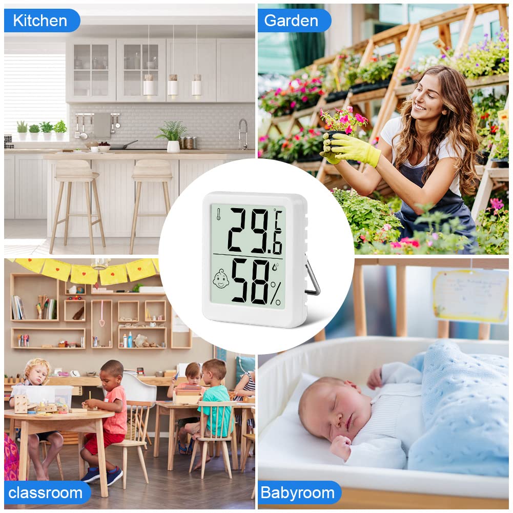 Flintronic Thermometer Hygrometer, 3PCS Digital Mini Thermometer and Hygrometer with Metal Stand, Thermohygrometer with Smile Face Indicating Data for Indoor, Living Room, Baby Room, Office (White) — view 7