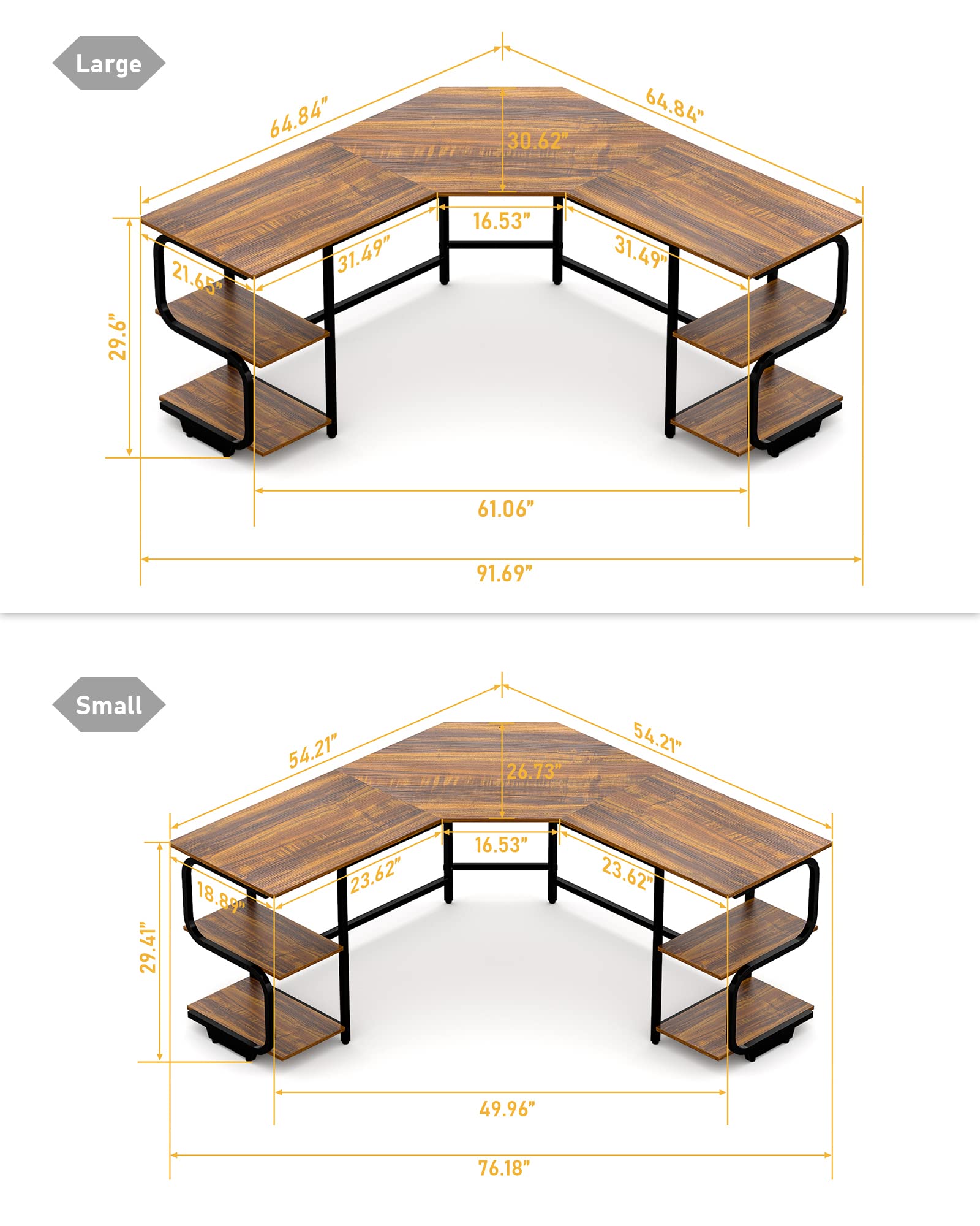 Escritorio moderno en forma de L con estantes, escritorio de computadora, escritorio de juegos para oficina en casa, mesa de trabajo de esquina con escritorio grande (teca + marco negro, grande + estantes de 4 niveles) 3