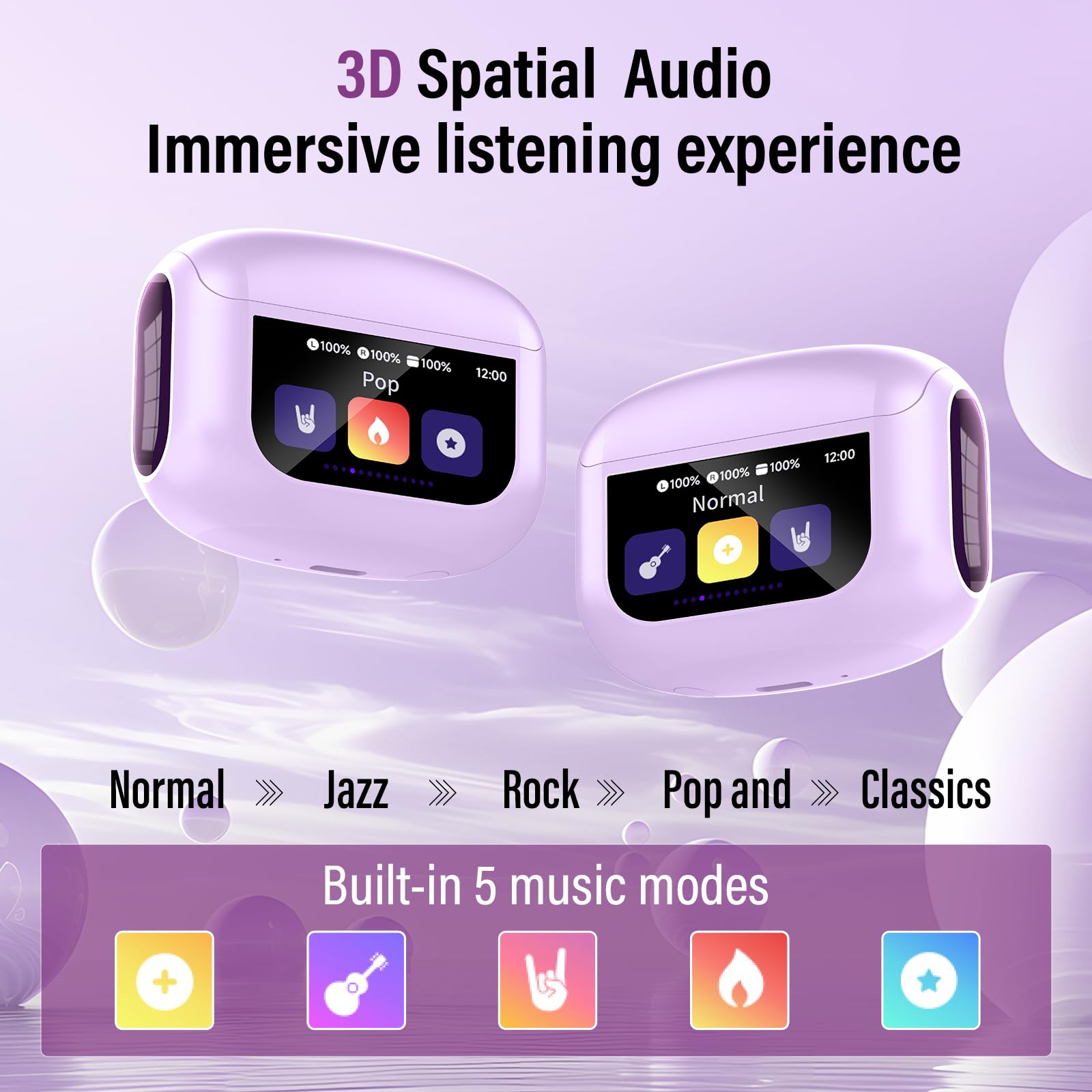 Auriculares Inalambricos Bluetooth, 48H Auriculares Bluetooth 5.4 con Pantalla Táctil LED, 4 Mic con Reducción de Ruido ANC+ENC, HiFi Estéreo Cascos Inalambricos con IP7 Impermeable/5 Modos EQ, Morado