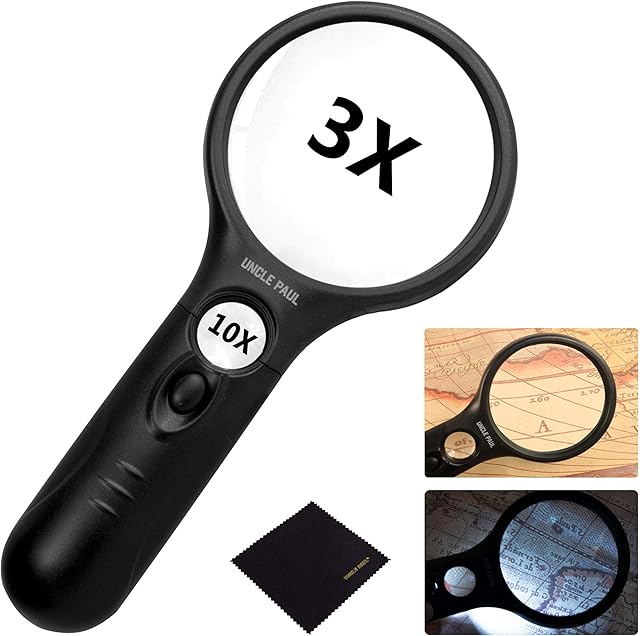 Magnifying Glass with 3 LED Lights - 3X 10X Handheld Magnifier with Cleaning Cloth High Clarity Lightweight for Reading Coins Stamps Map Inspection Hobbies Crafts OS05