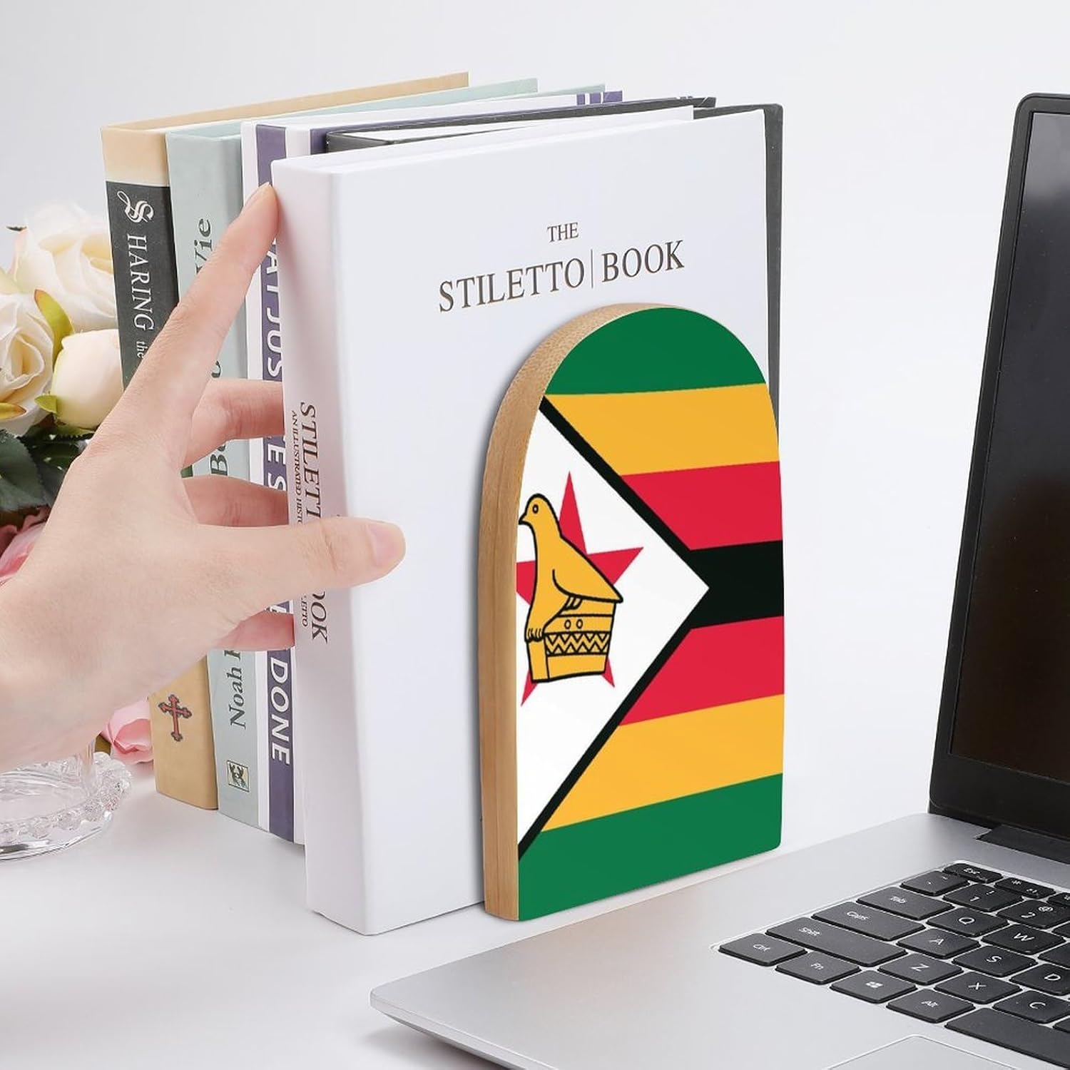 Zimbabwe Flag Cute Wood Book Ends Decorative Bookends 1 Pair Non-Skid for Shelves Home Office 7 X 5 Inch