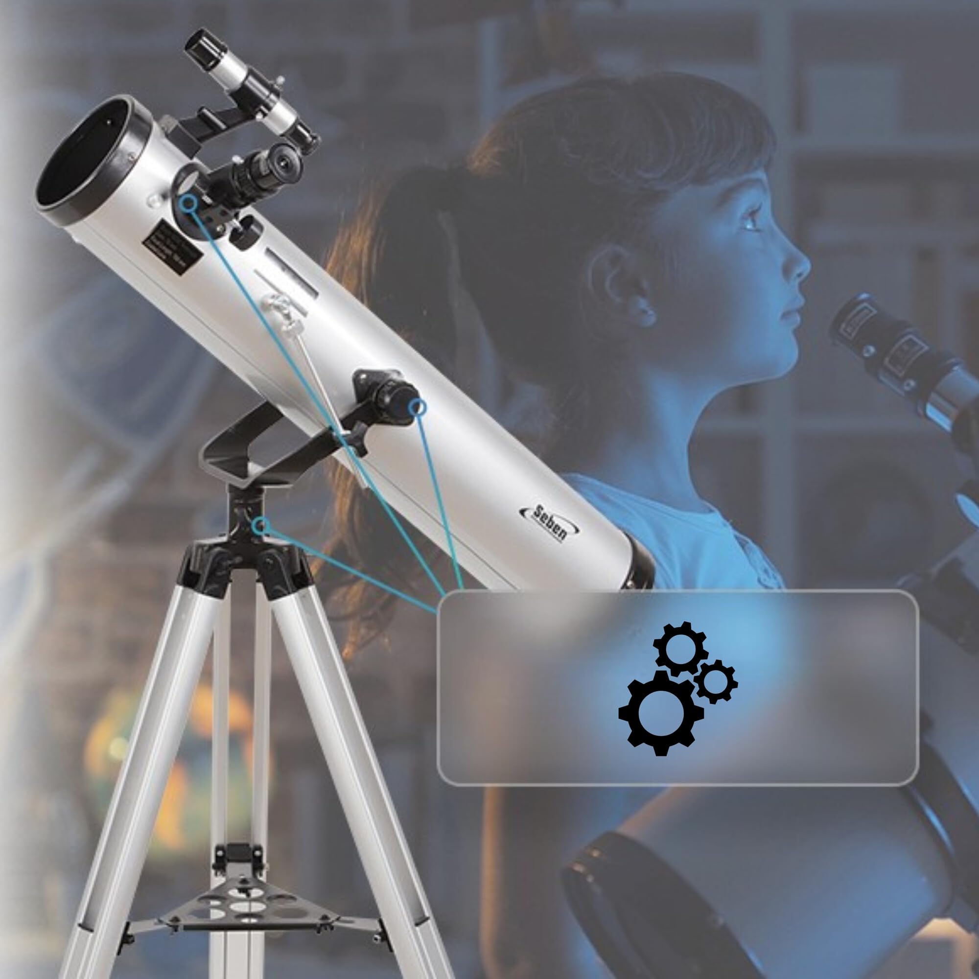 Seben 76/700 AZ - Telescopio astronómico de Espejos para niños Que Incluye un trípode de Aluminio y un Gran Juego de filtros para el Ocular