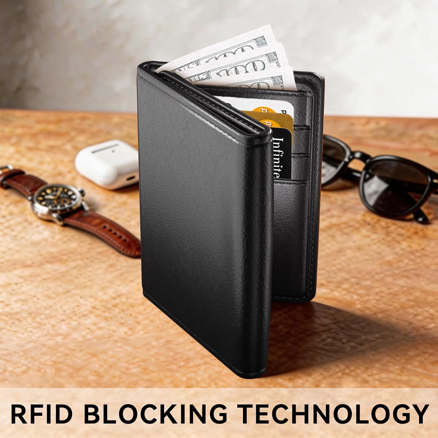 Trifold wallets for Men, RFID Blocking Trifold Wallets, Mens Genuine Leather Trifold Wallets, 8 Card Slots and ID Window, Slim Durable and Easy to Carry