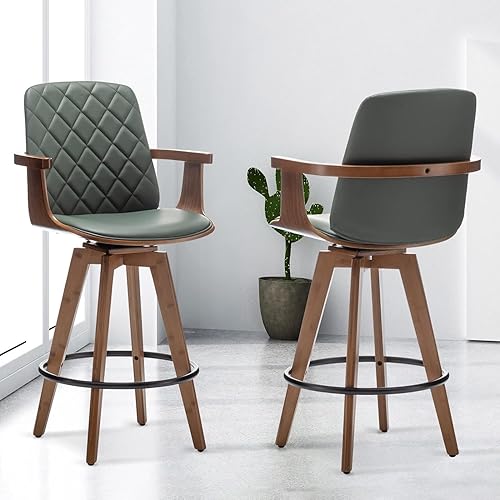 Counter Stools Set of 2, Upholstered Faux Leather Counter Height Bar Stools, Swivel Counter Chairs with Wooden Arms and Legs (Green, 26" Seat Height)