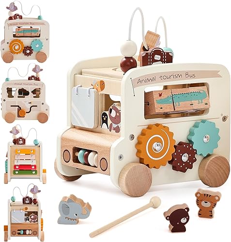 Wooden Activity Cube - 8 in 1 Montessori Toys Boys Girls, Multipurpose Educational Learning Toys for Toddlers Baby Activity Cubes with Animal Tourism Bus Theme