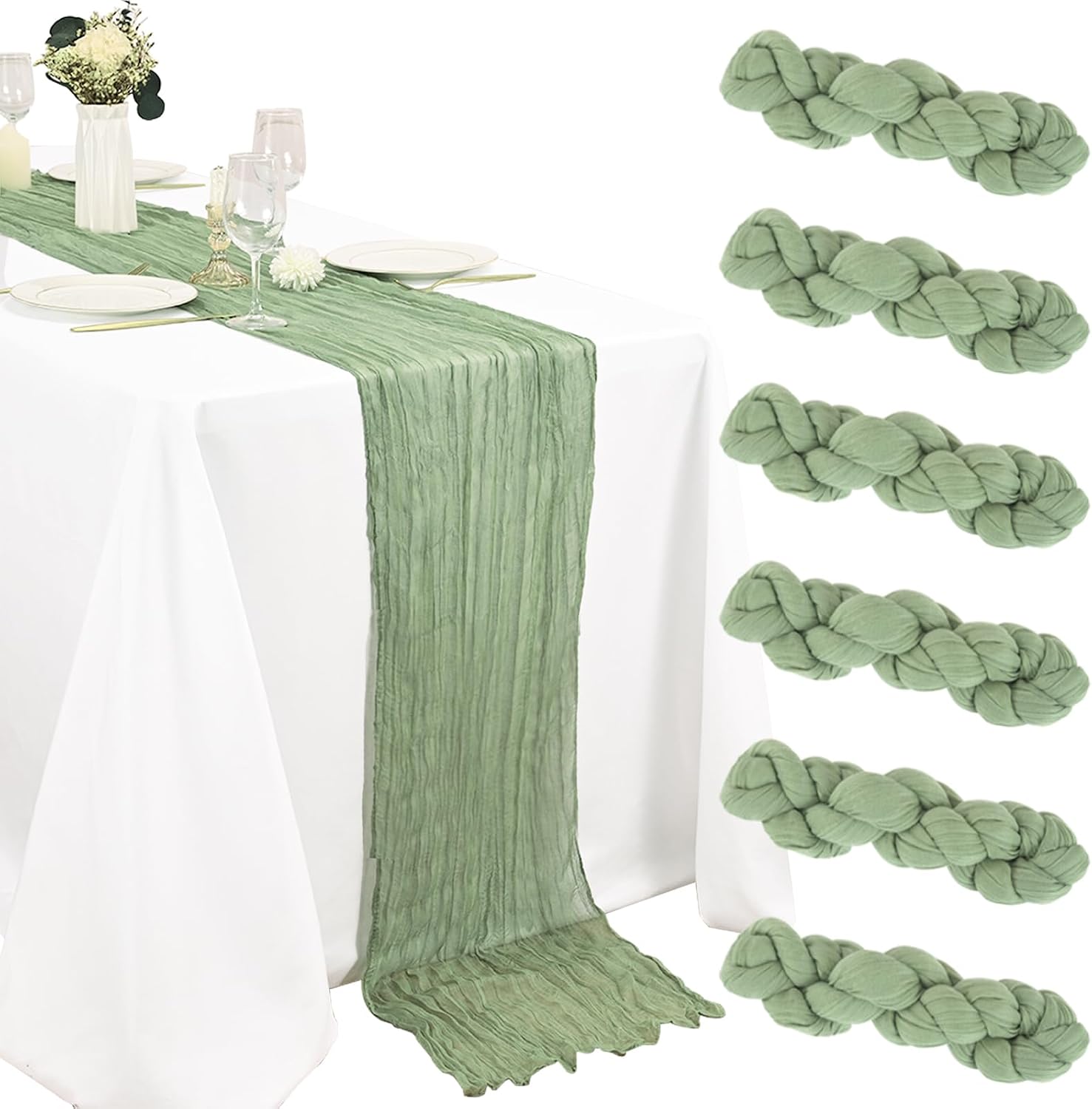 6 Pack Cheesecloth Table Runner 20 x 120 Inch Sage Gren Boho Gauze Cheese Cloth Table Runners 10 FT Long Rustic Sheer Table Decorations for Wedding Party Baby Bridal Shower Birthday Holiday Home