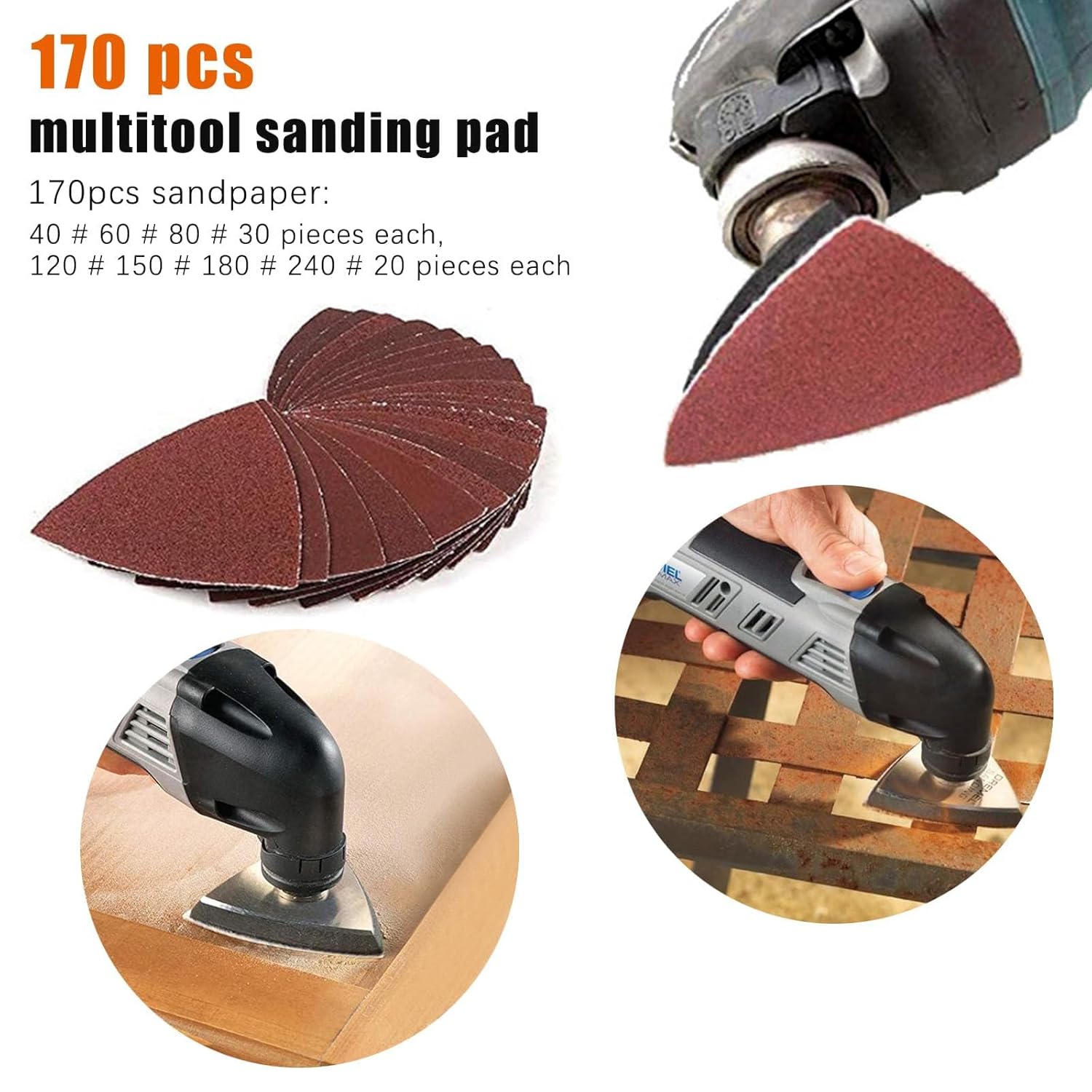 80 X 80mm Triangle Sandpaper Hook and Loop Sanding Disc 170 PCS for Wood Metal Fiberglass and Surfaces