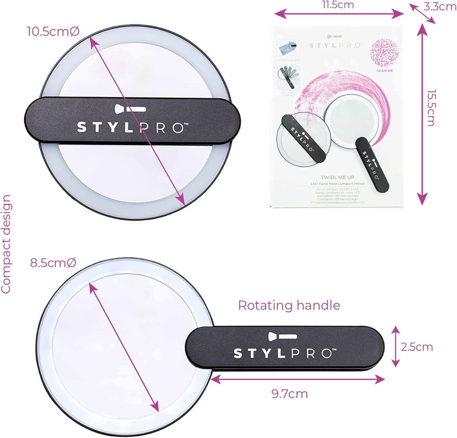 stylPro Stylideas Twirl Me Up LED Hand Held Compact Makeup Mirror - Lightweight, USB Rechargeable - Rotating Handle Perfect for Selfies - 1 pc