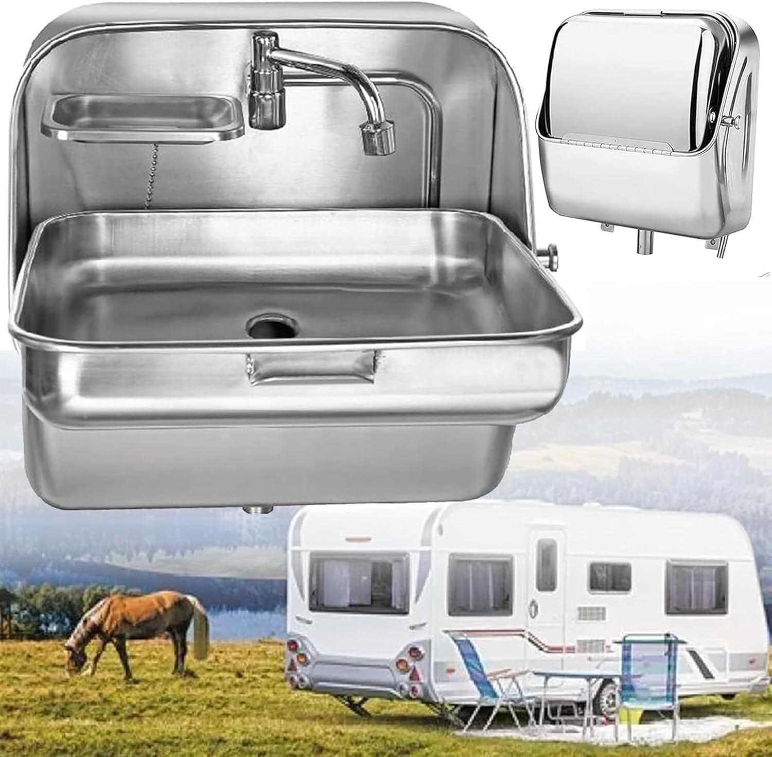 RV Wall-Mounted Sink,Rv Sink,Stainless Steel Folding Sink with Cold Water Faucet,Multifunctional Hand Wash Basin for Bars, Food Trucks, Campers, Motorhomes, Boats,A