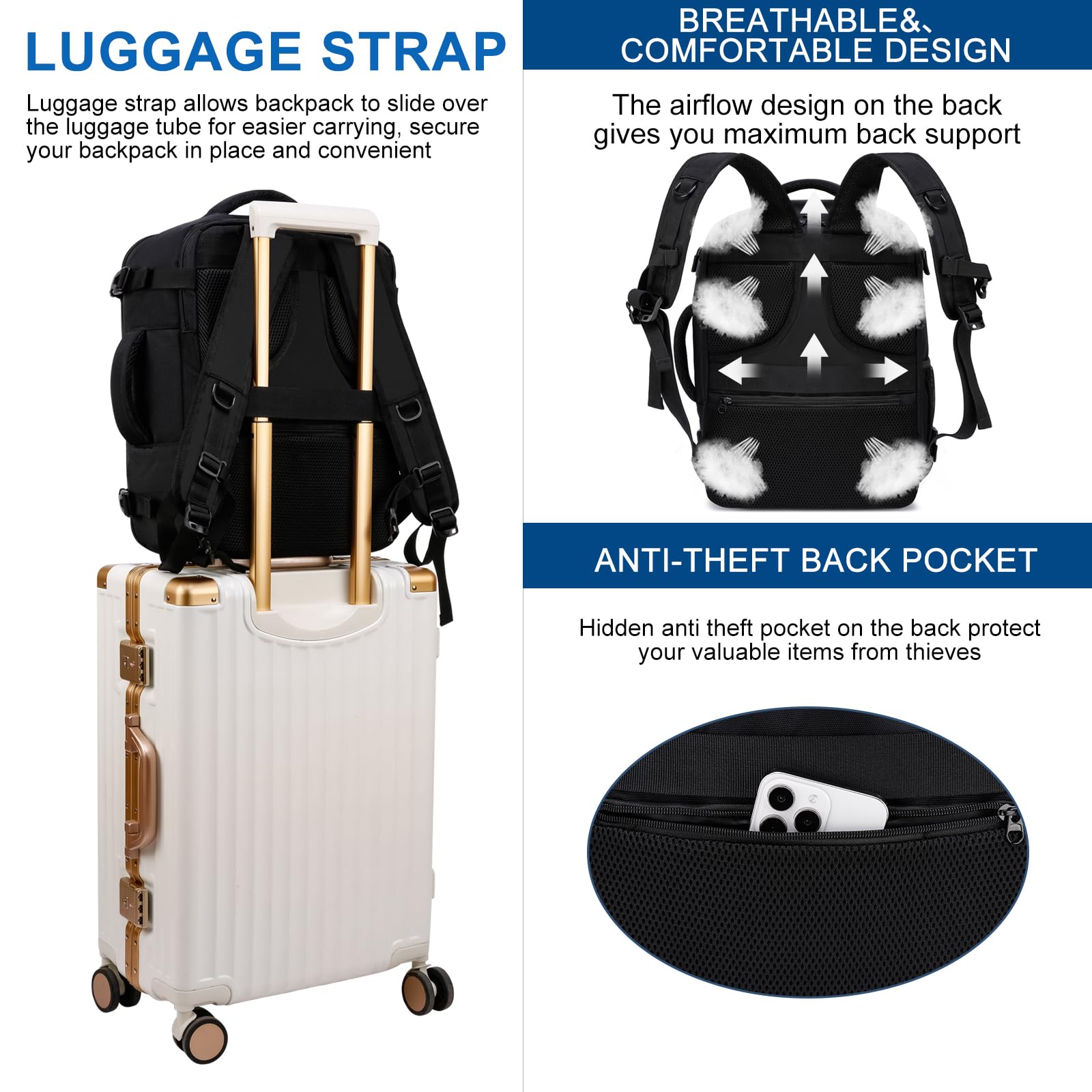 Bagaż Podręczny 40x30x20, Plecak Podróżny Męski i Damski do Ryanair, Wizzair, Vueling,Eurowings,Easyjet,24L Cabin Bag Travel Backpack do Pracy, Biznesu i Podróży Bagaż Laptopa 15.6 Cali, Czarny