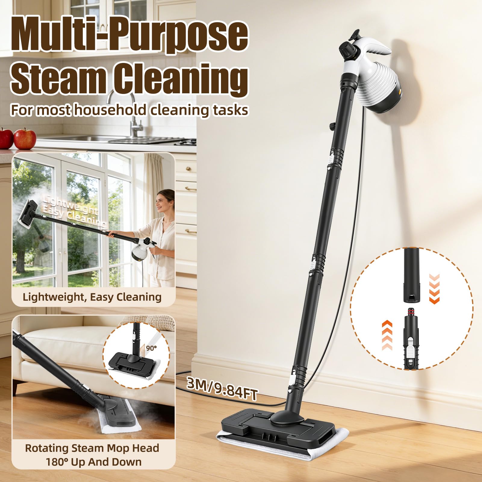 2 in 1 Pulitore a Vapore Portatile/Scopa a Vapore, 1050W Steam Cleaner 135°C Riscaldamento Rapido con 350ml Serbatoio, per Varie Superfici Come Piastrelle Divani e Cucine