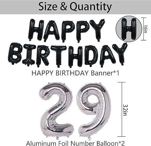 Miniatura 5 de NANINUNENO Decoraciones de fiesta de cumpleaños color negro y plateado para hombres y mujeres, suministros de fiesta de cumpleaños 29 con pancarta
