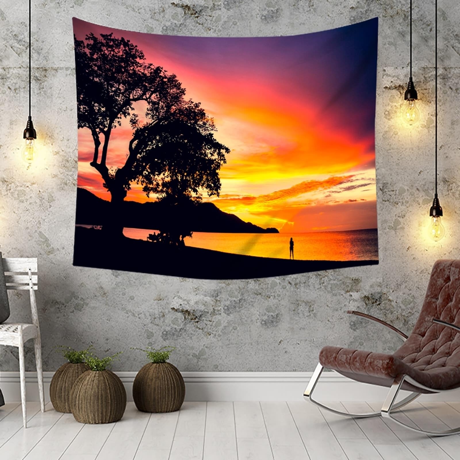 Skcess Tapiz de poliéster de 240 x 220 cm, tapiz, para colgar en la pared, color beige y gris