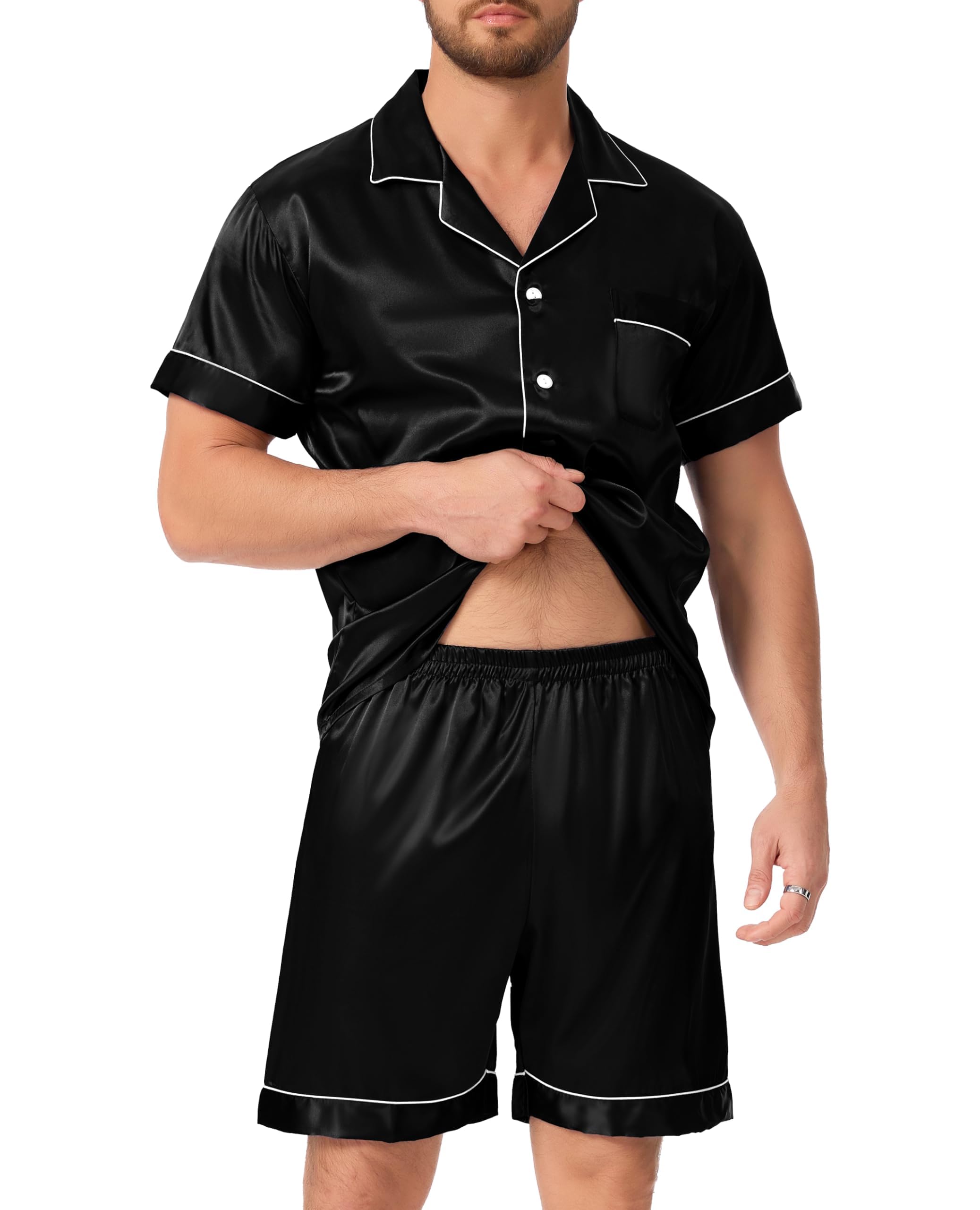 Lovasy Pigiama Uomo in Raso Estivo con Bottoni Davanti Pigiami Set Corta Scollo a V e Maniche Corte 2 Pezzi Seta Pigiama da Casa Leggero T-Shirt