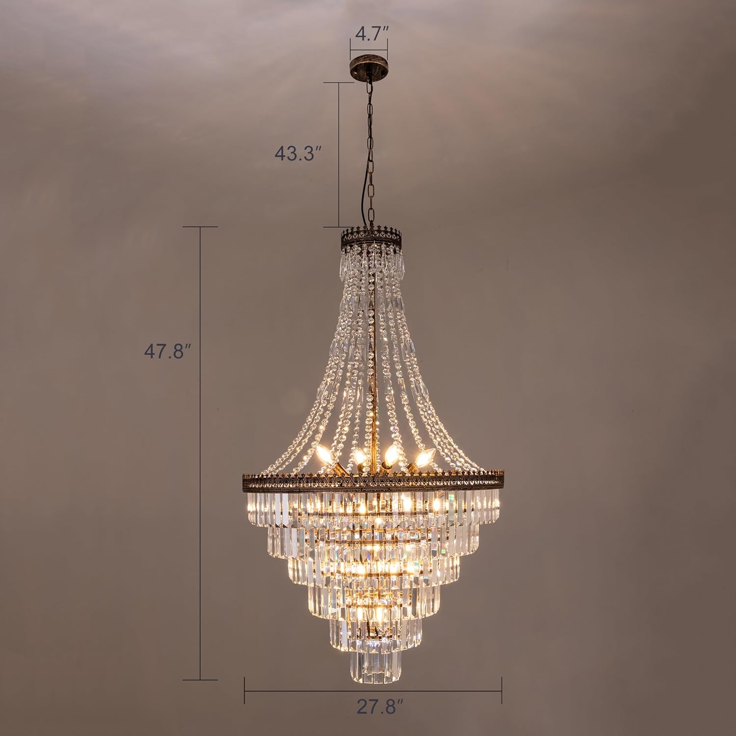 TOCHIC French Empire Crystal Chandelier Modern Farmhouse Chandelier Ceiling Light for Foyer Entryway High Ceiling, Vintage Antique Bronze Chandelier Light Fixture for Dining Living Room 28" W x 48" H
