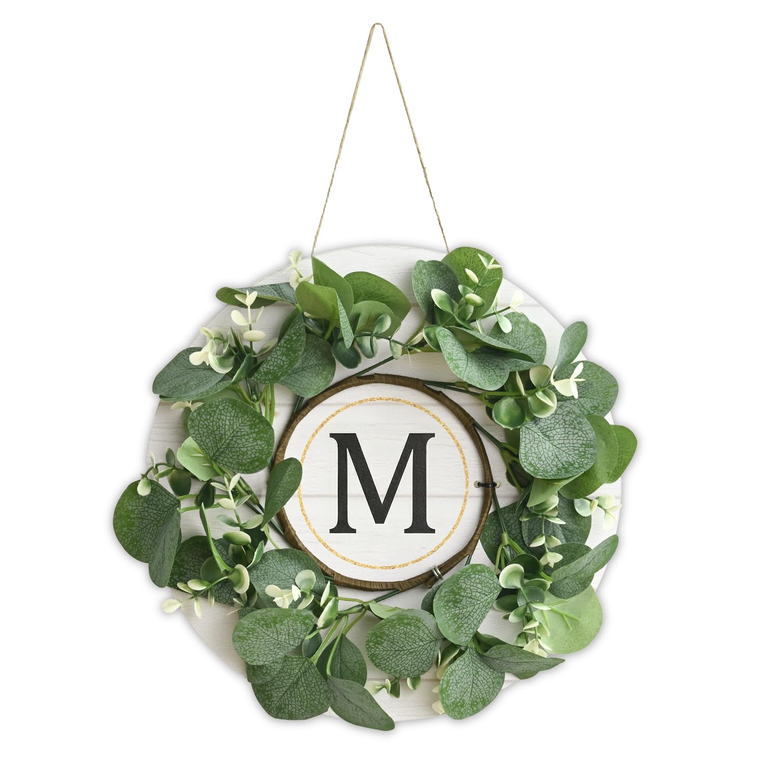 Couronne d'eucalyptus artificielle avec lettre initiale M déco murale printemps été